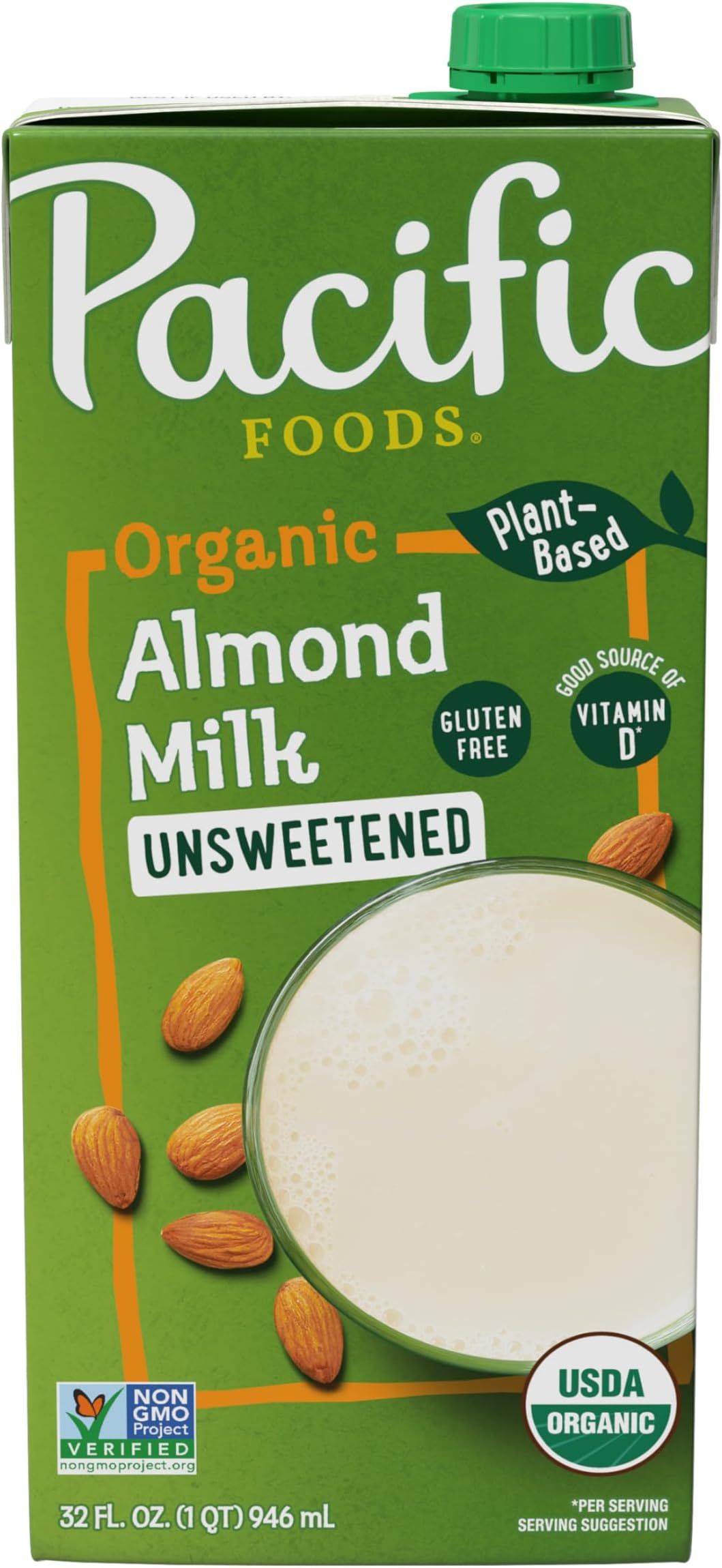 Organic Unsweetened Almond Milk, Plant Based Milk, 32 oz Carton