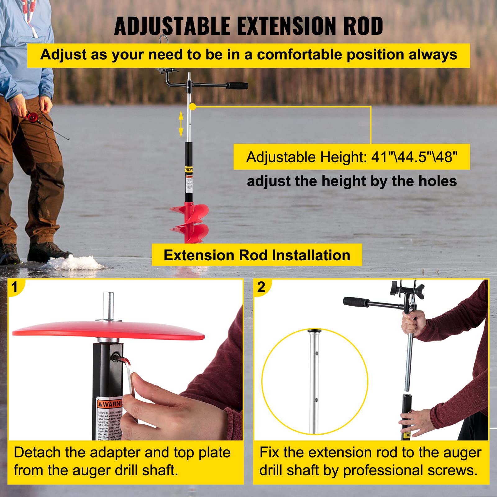VEVOR Tarière à glace en nylon, diamètre 20 cm, mèche de tarière à glace 104 cm de longueur, tarière à perceuse avec poignée en caoutchouc, adaptateur de perceuse, lame de tarière pour pêche glace