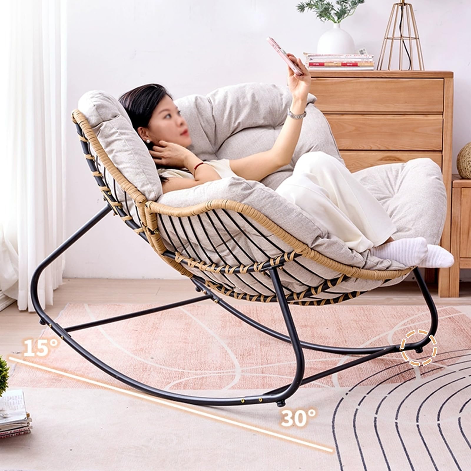 Sedia A Dondolo In Velluto Con Gambe In Legno - Poltrona Relax Per Soggiorno E Camera Da Letto, Schienale Alto - Foto 9