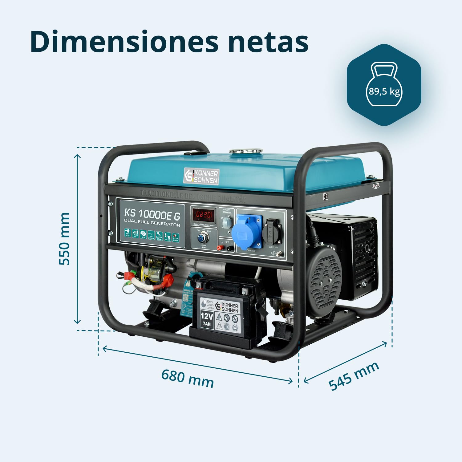 Könner & Söhner KS 10000E G - Generador de gasolina LPG híbrido de 4 tiempos, 7500 W, 1 generador de 16 A, 1 generador de 32 A, con regulador de voltaje automático de 230 V,