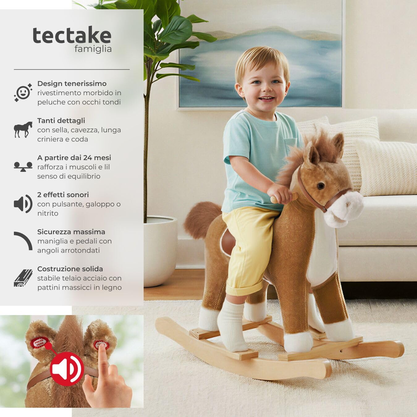 tectake® Cavallo a Dondolo per Bambini dai 24 Mesi, Cavalluccio Marrone Dondolo Neonati in Peluche Morbido, Struttura in Acciaio, Cintura di Sicurezza, con Suoni, Maniglie Poggiapiedi in Legno