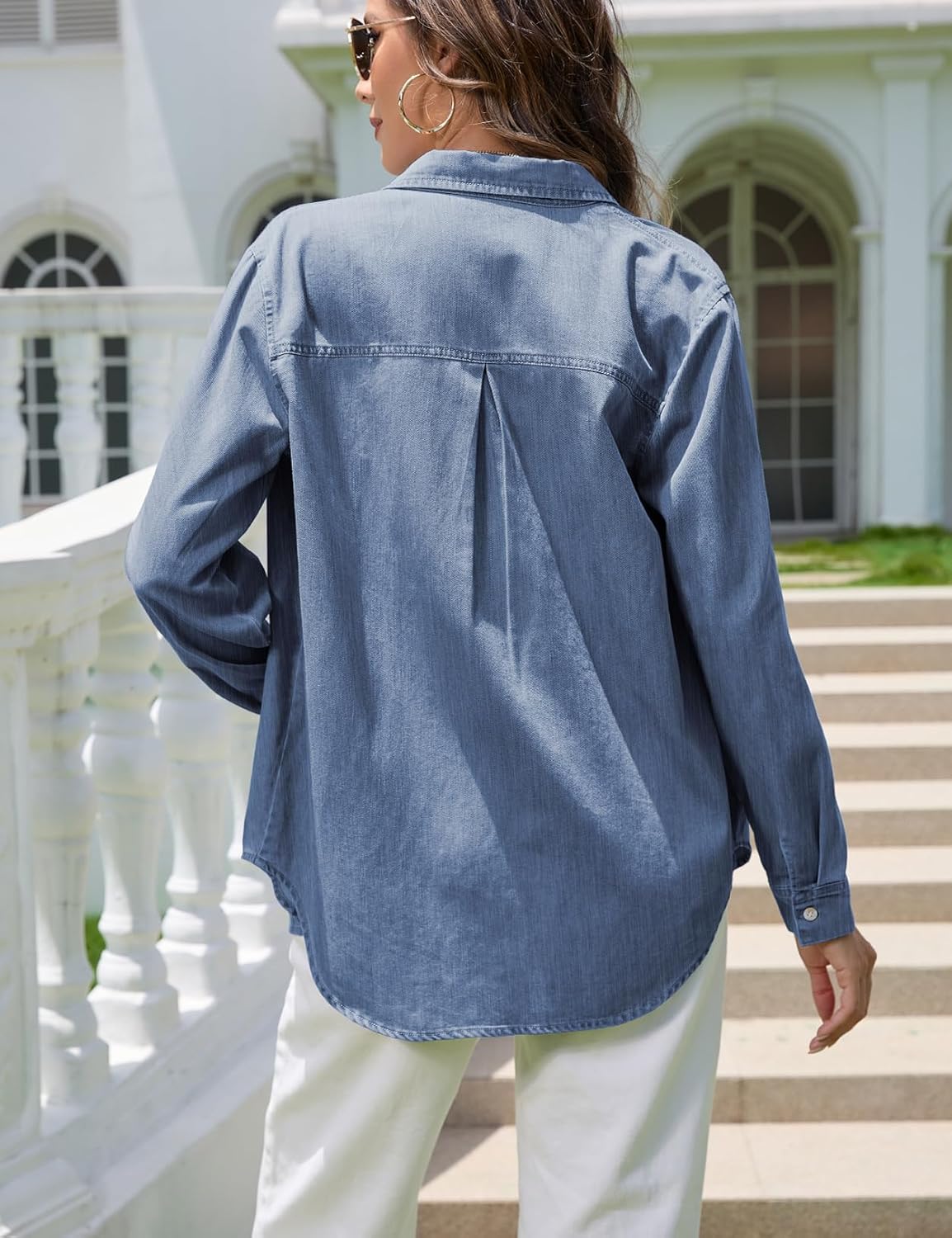 Denim Shirt Women Chambray Western Shirts Casual Long Sleeve Button Down Jean Tops - Image 4