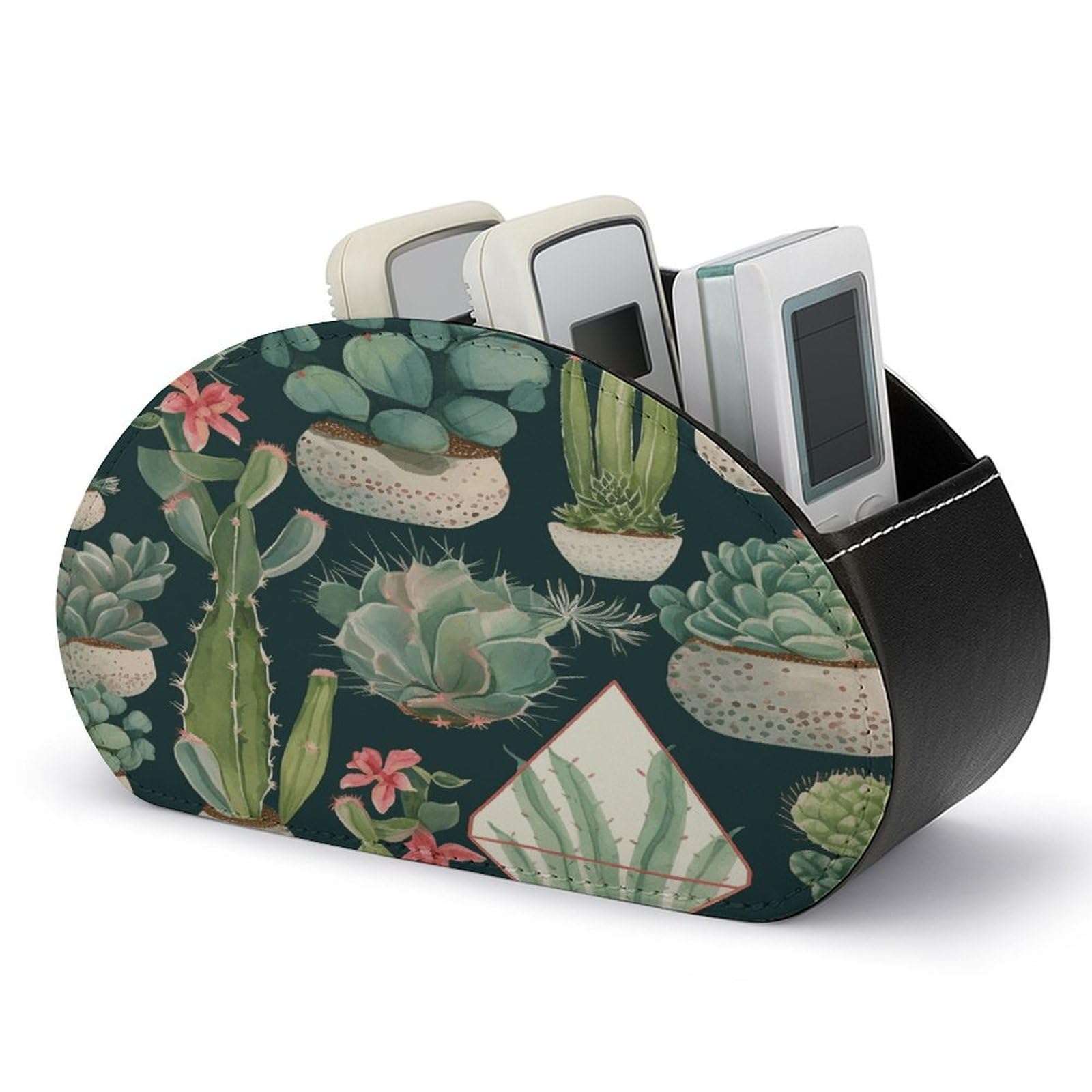 VstaDank Succulent Plants And Cactus Remote Control Holder Farmhouse TV Media Remote Storage Box with 5 Compartments PU Leather Remote Caddy Desktop Organizer for Home Bedside Table Organizer