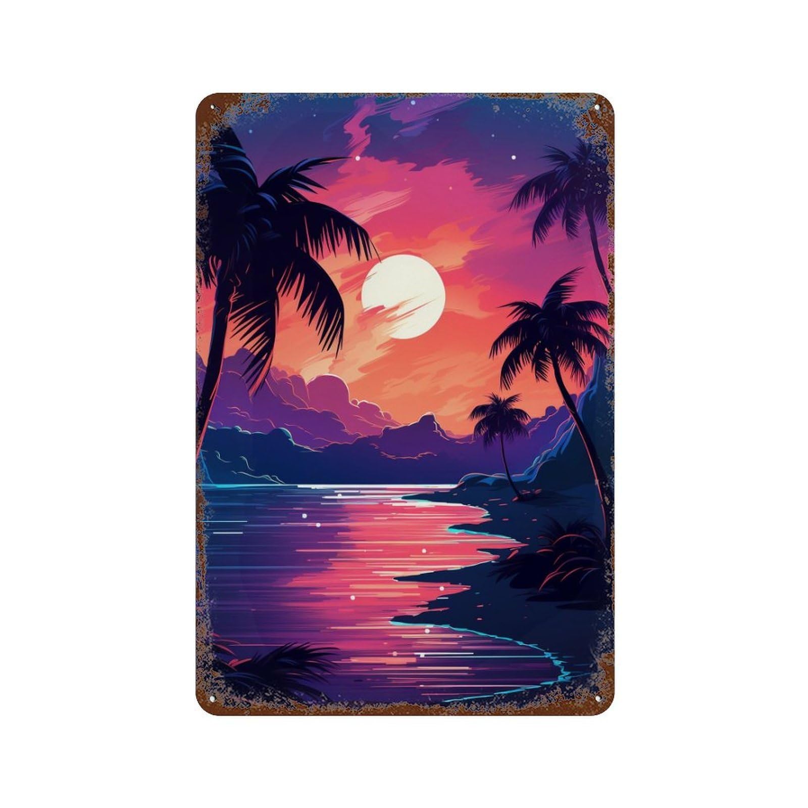 Neon Sunset Palm Beach -1 11.8"x7.9" Distressed Metal Wall Sign, Shabby Chic Decor for Shed, Workshop And Garage Wall Decor