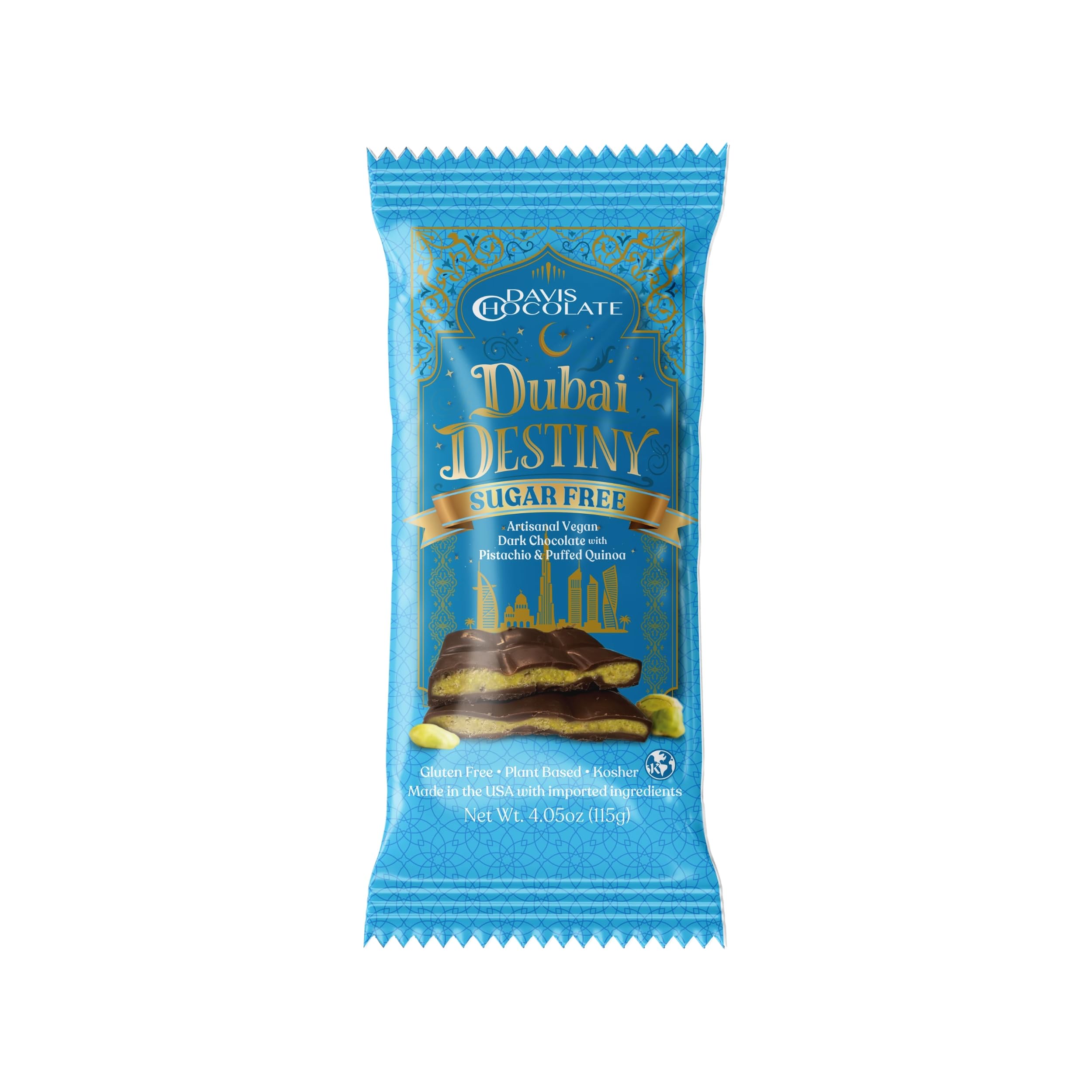 Davis Chocolate Sugar Free Vegan Dubai Dark Chocolate Bar, 4.05 oz., 1 Bar