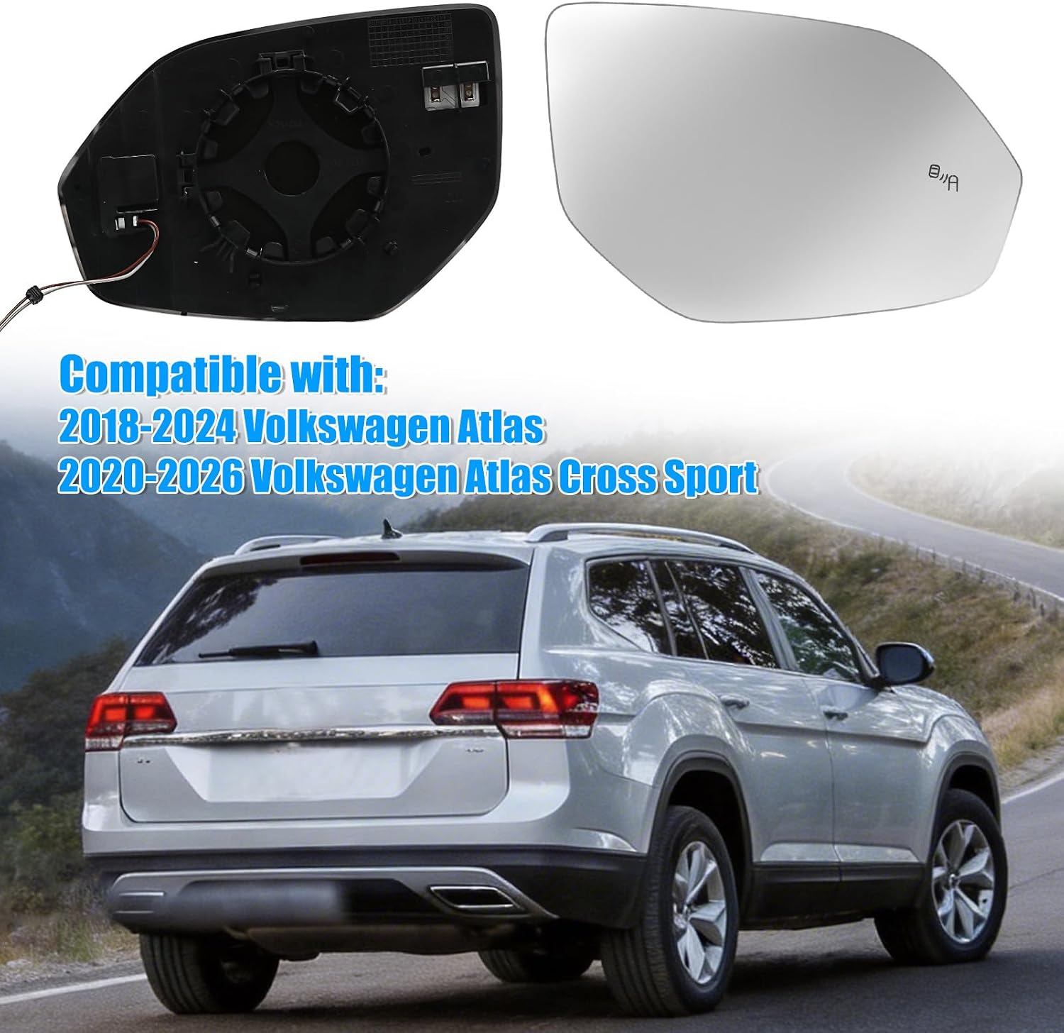 Compatible with Volkswagen Atlas 2018-2026, Atlas Cross Sport 2020-2026, Passenger Right Side Mirror Glass, Heated Blind Spot Lens Mirror with Backing Plate
