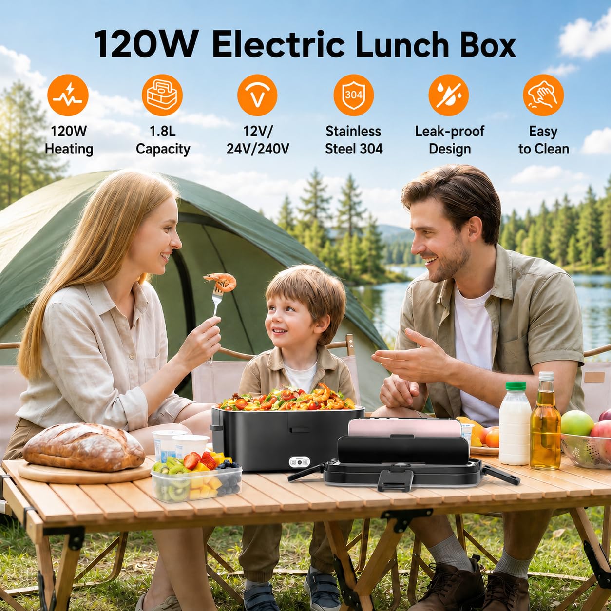 Scaldavivande Elettrico Portatile 120W 1,8L per Auto Casa e Camion | Rimovibile in Acciaio Inox 304, Riscaldamento Rapido, Facile da Pulire, 12V/24V/240V, Forchetta Cucchiaio e Borsa, 0.45L Box
