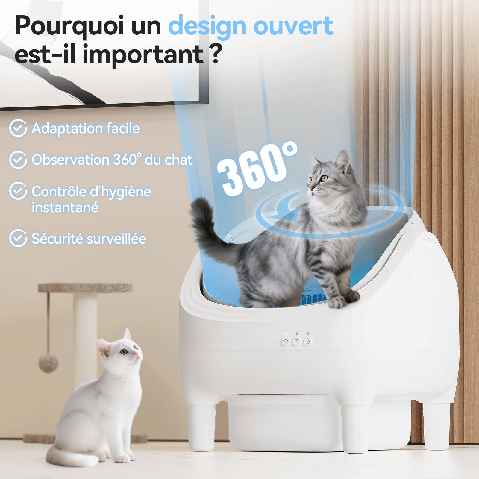 Lettiera Gatto Autopulente aperta, controllabile via APP. Formato XXL, dotata di serbatoio rifiuti da 12L per un ciclo di autopulizia di 15 giorni, Lettiera Autopulente per Gatti per più gatti.