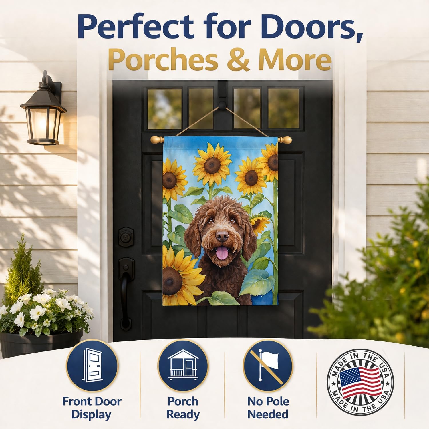 Caroline's Treasures DAC6112CHF Labradoodle in Sunflowers House Flag Large Porch Sleeve Pole Decorative Outside Yard Banner Artwork Wall Hanging, Polyester, House Size, Multicolor