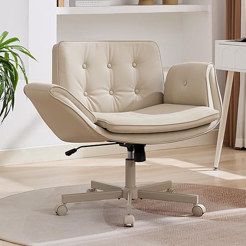 Silla de oficina cruzada con ruedas y brazos, silla de tocador beige con respaldo, cómodas sillas de oficina giratorias con patas cruzadas para la