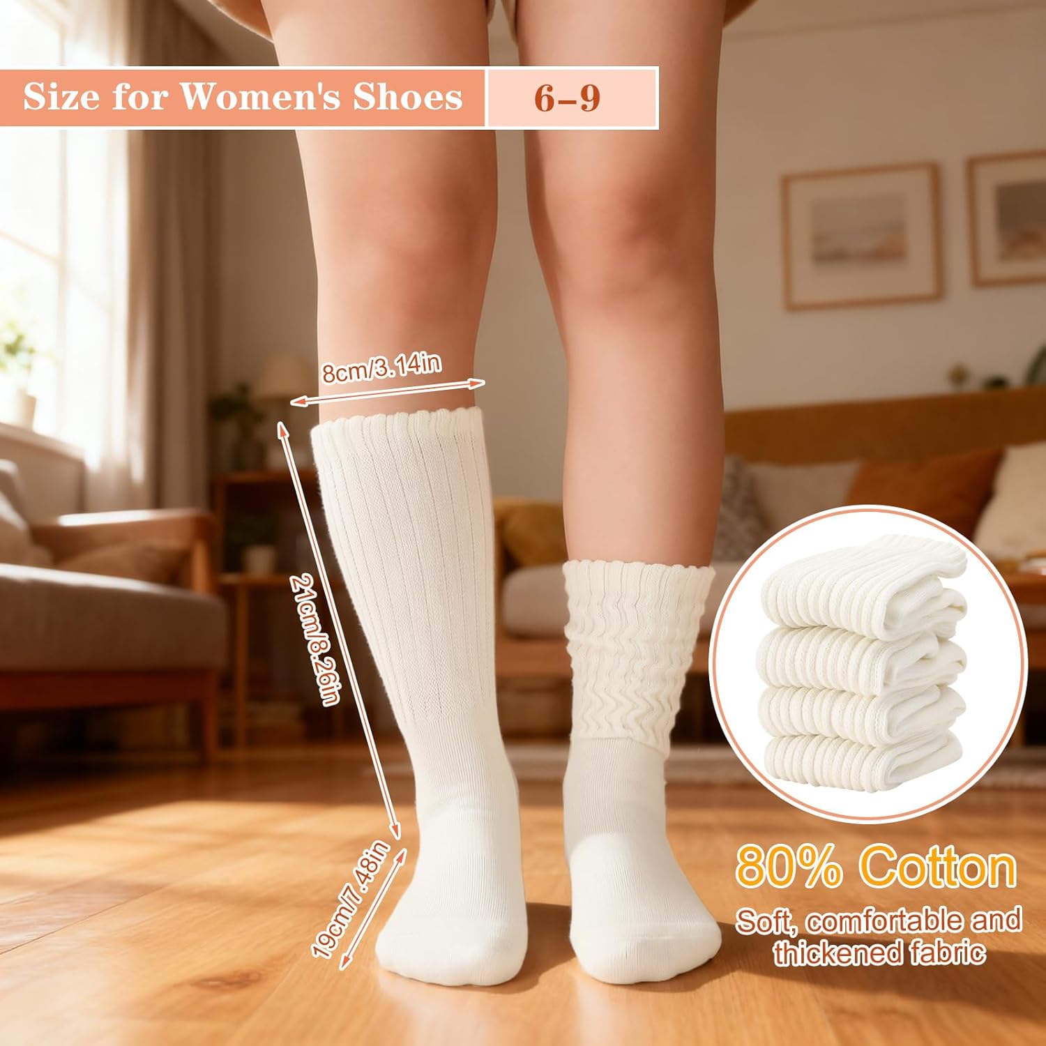 4 Pairs Women Scrunch Crew Socks Retro Solid Slouch Mid Calf Rib Tube Slouchy Trendy Crew Socks - Image 2
