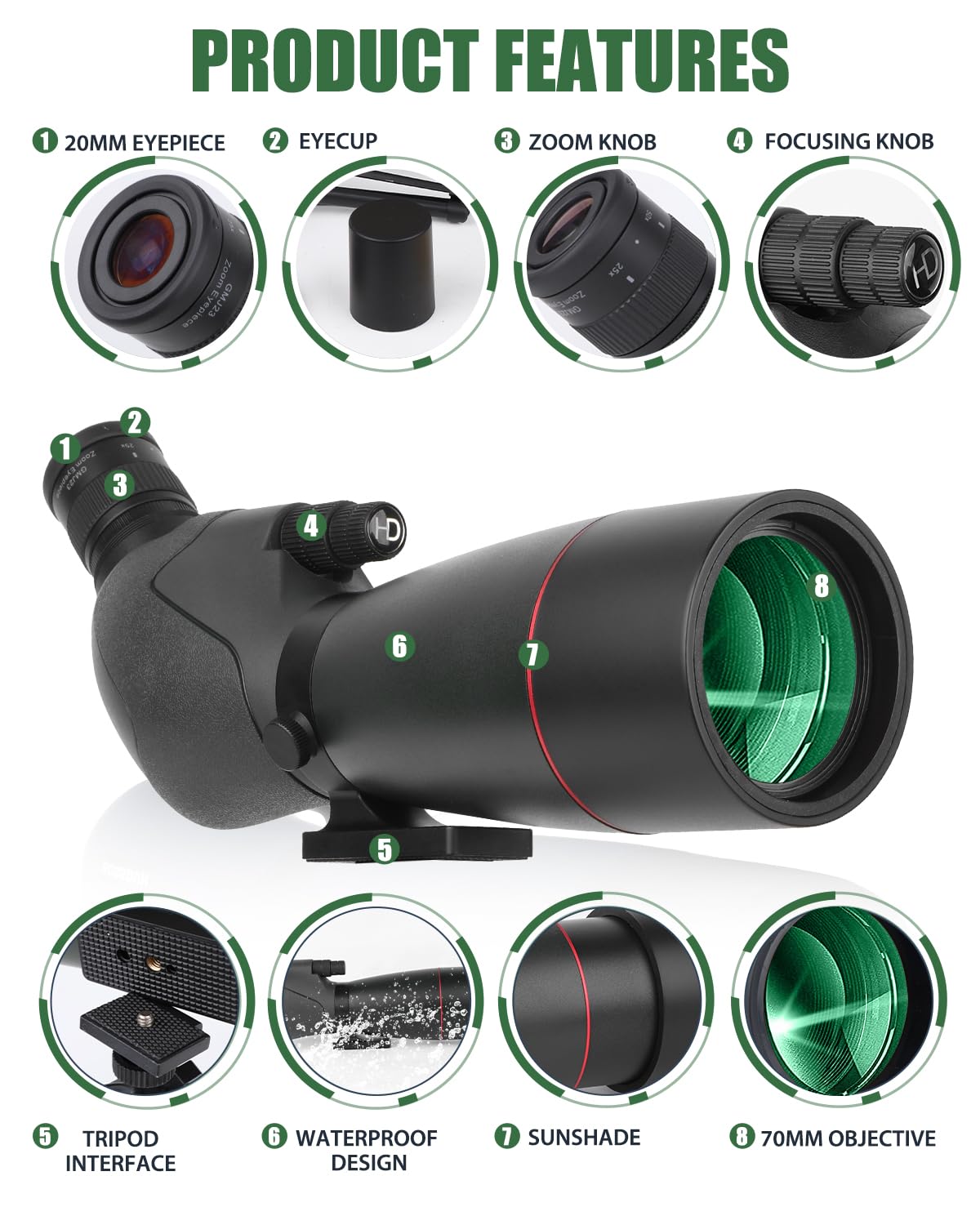 Cannocchiale Zoom ad Alta Potenza con Adattatore per Telefono, Treppiede, Borsa, Oculare Angolato 45°, per Tiro al Bersaglio, Osservazione Uccelli e Caccia (black)