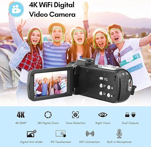 Miniatura 2 de Andoer Cámara de vídeo digital 4K WiFi videocámara DV grabadora 56MP 18X zoom digital 3.0 pulgadas IPS pantalla táctil compatible con detección de