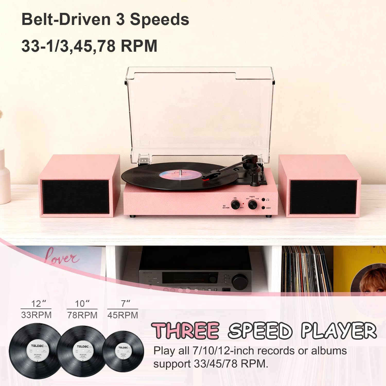 Record Player Bluetooth Turntable with Dual External Speakers | 3-Speed Vinyl Record Player | Vinyl to MP3 PC Recording & RCA/AUX Output | Pink