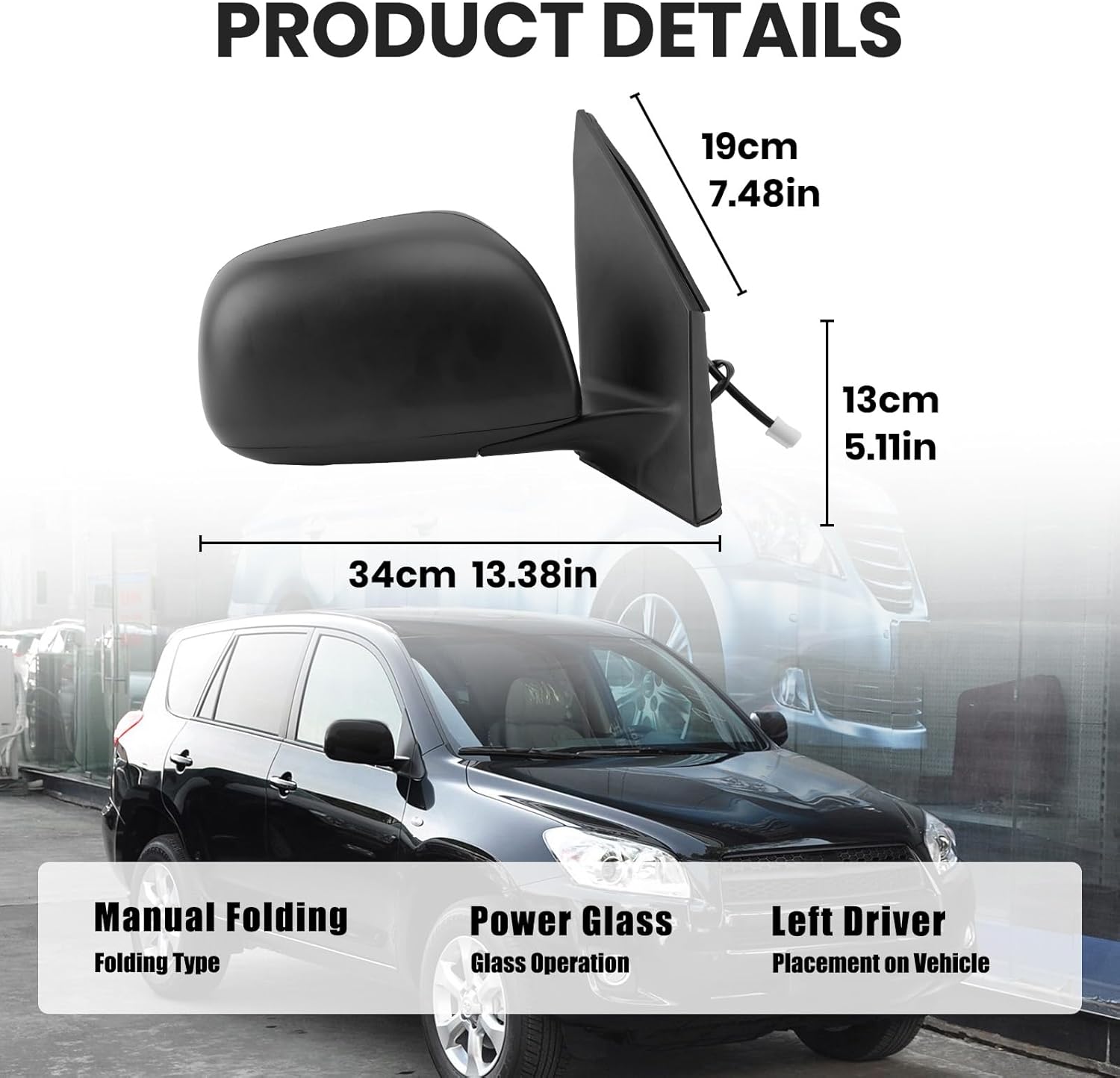 Right Passenger Side Mirror Compatible with Toyota RAV4 2009 2010 2011 2012 Power Manual Folding Non-Heated US Built Door Mirrors (3 Pins)