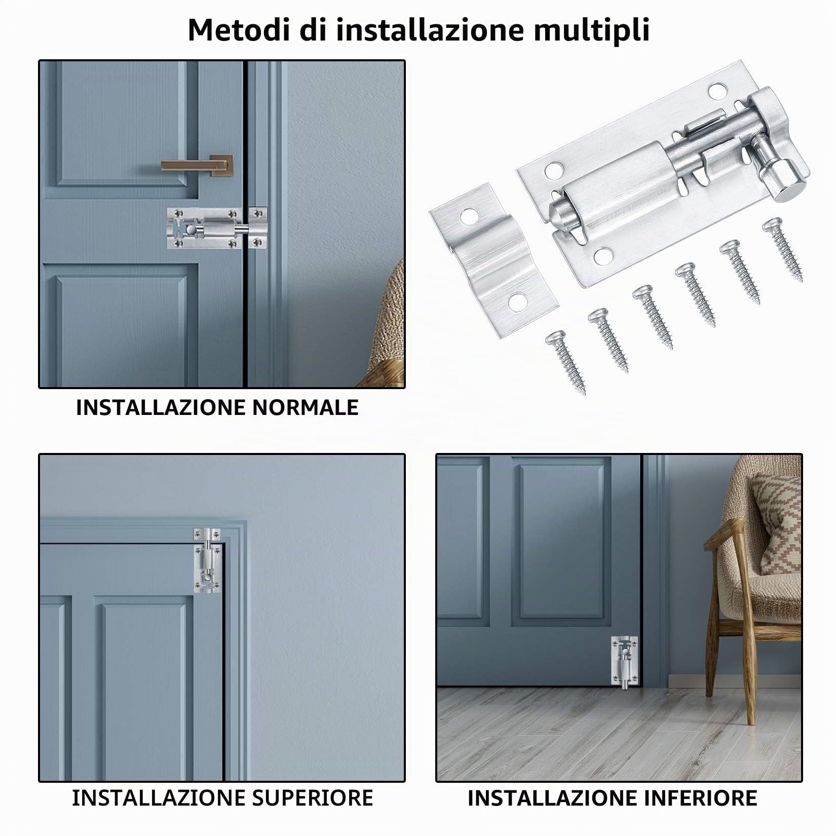 Bullone Serratura Porta, Bulloni di Porta, Slide Bolt con Viti, Chiavistello per Porta in Legno per Porte di Sicurezza, Camera da Letto, Capanno, Porte Del Bagno, Toilette - 4 Pezzi