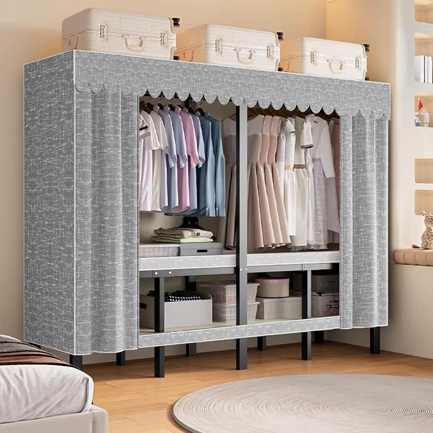 Foldable Portable Wardrobe Closet Large Heavy Duty Portable Covered Rack with Cover 1200lbs Freestanding Clothing Racks for Hanging Clothes Coat Storage Garment Racks for Bedroom (74.8in)