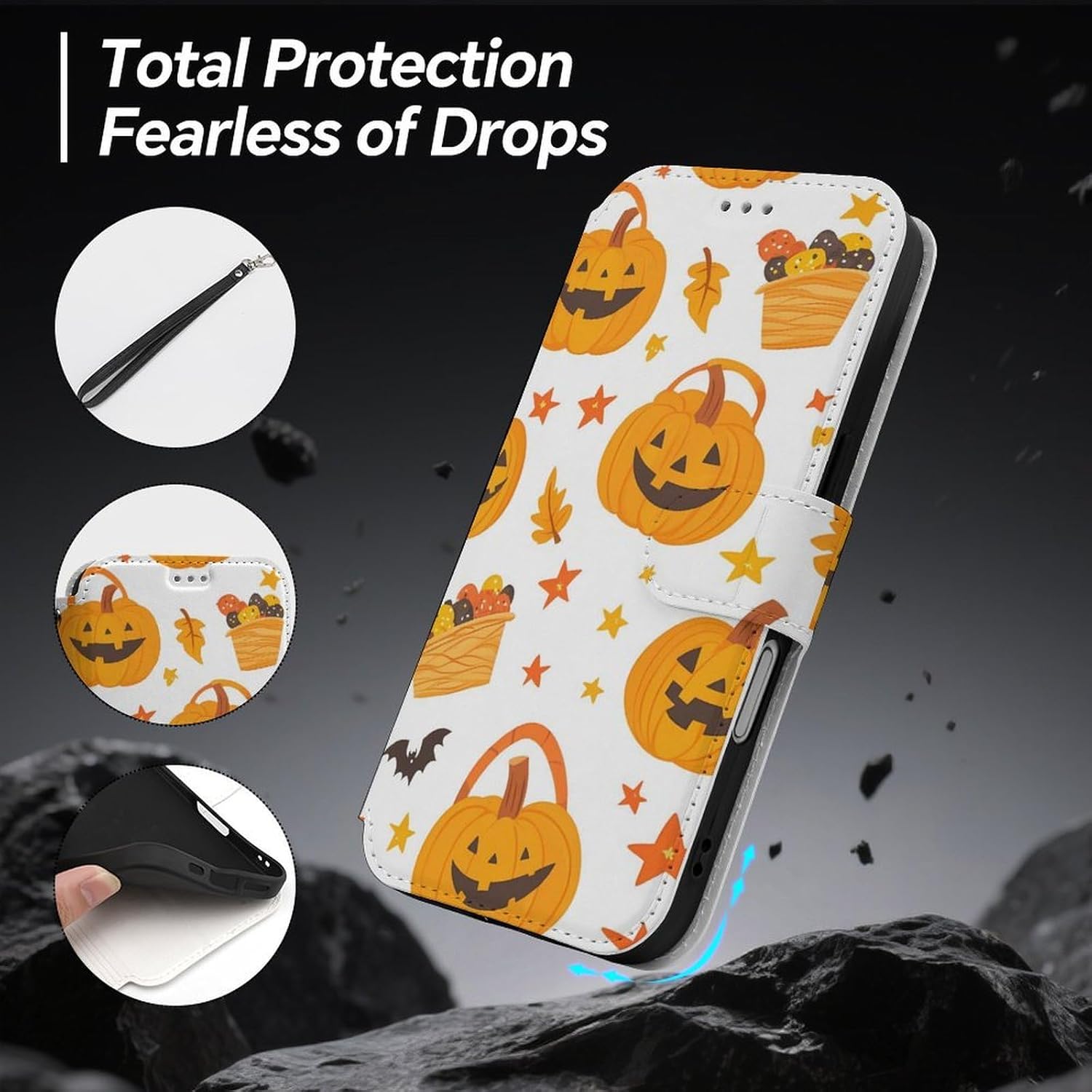Cartoon Pumpkin Candy Halloween Compatible with iPhone 16/16 Plus/16 Pro/16 Pro Max/16 E Case Phone Wallet Card Holder Flip Cover with Wrist Strap