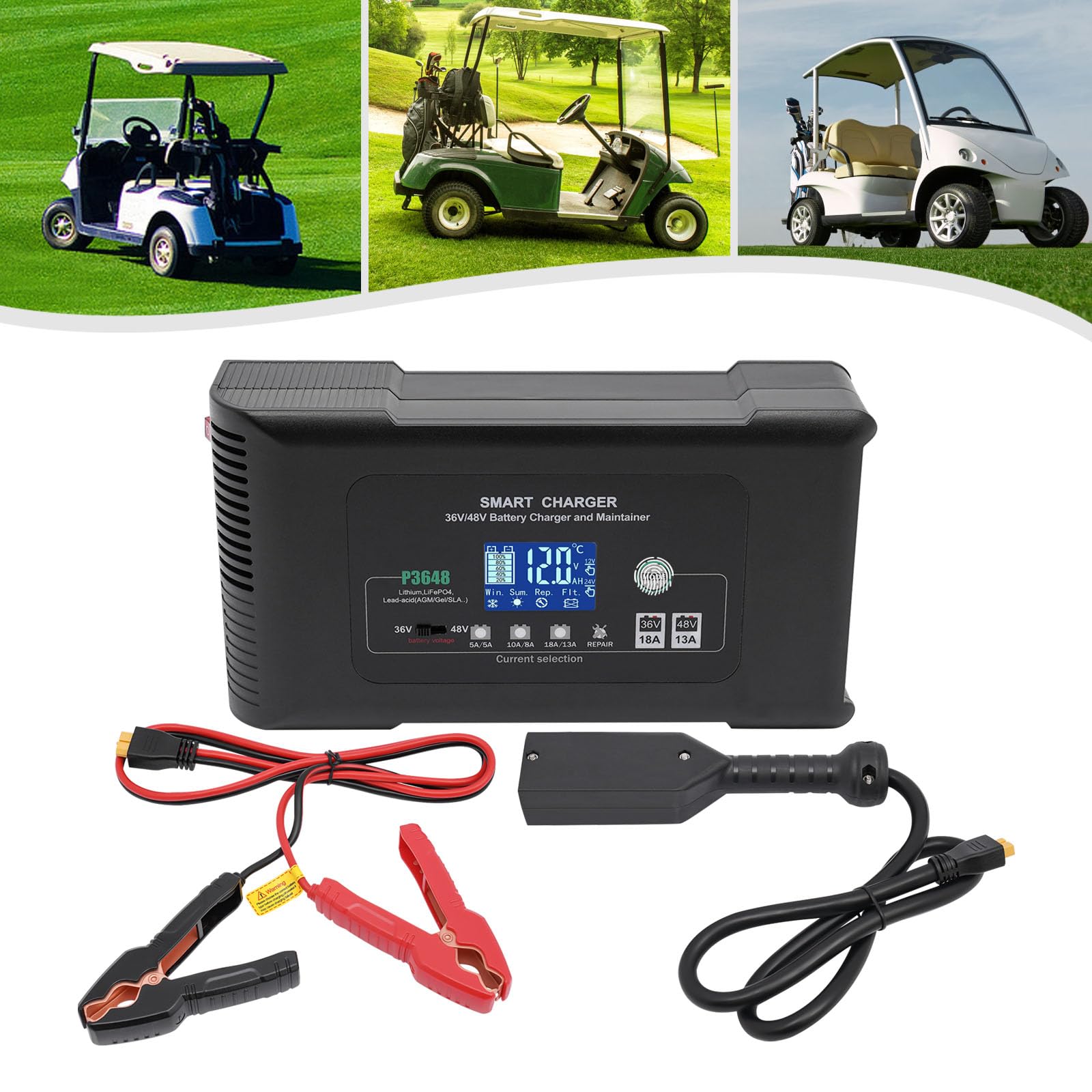 Cargador de coche de 36 V, 23 x 12,5 x 7 cm, cargador de batería inteligente rápido, para cargar baterías de litio, LiFePO4 y plomo-ácido