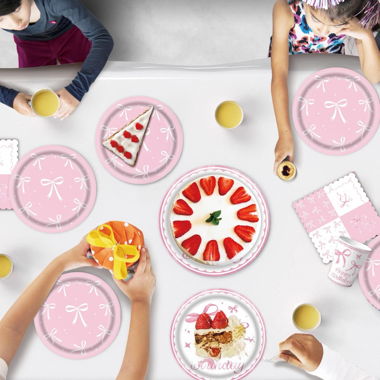 Pink Bow Party Supplies, Coquette Birthday Decorations with Bow Plates, Cups, Napkins, Tablecloth and Banner, Pink Birthday Decoration Serve 24, Bow Themed Tableware for Girls Bachelorette Party Decor