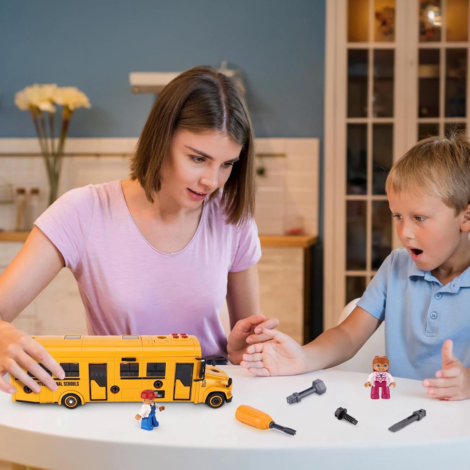 Crelloci Take Apart School Bus Toy, Large DIY Assembly Vehicle with Screwdriver Handle + 3 Bits, Lights & Sounds, Inertia Powered, Openable Doors, Includes 2 Student Figures – Gift for Kids Ages 3+