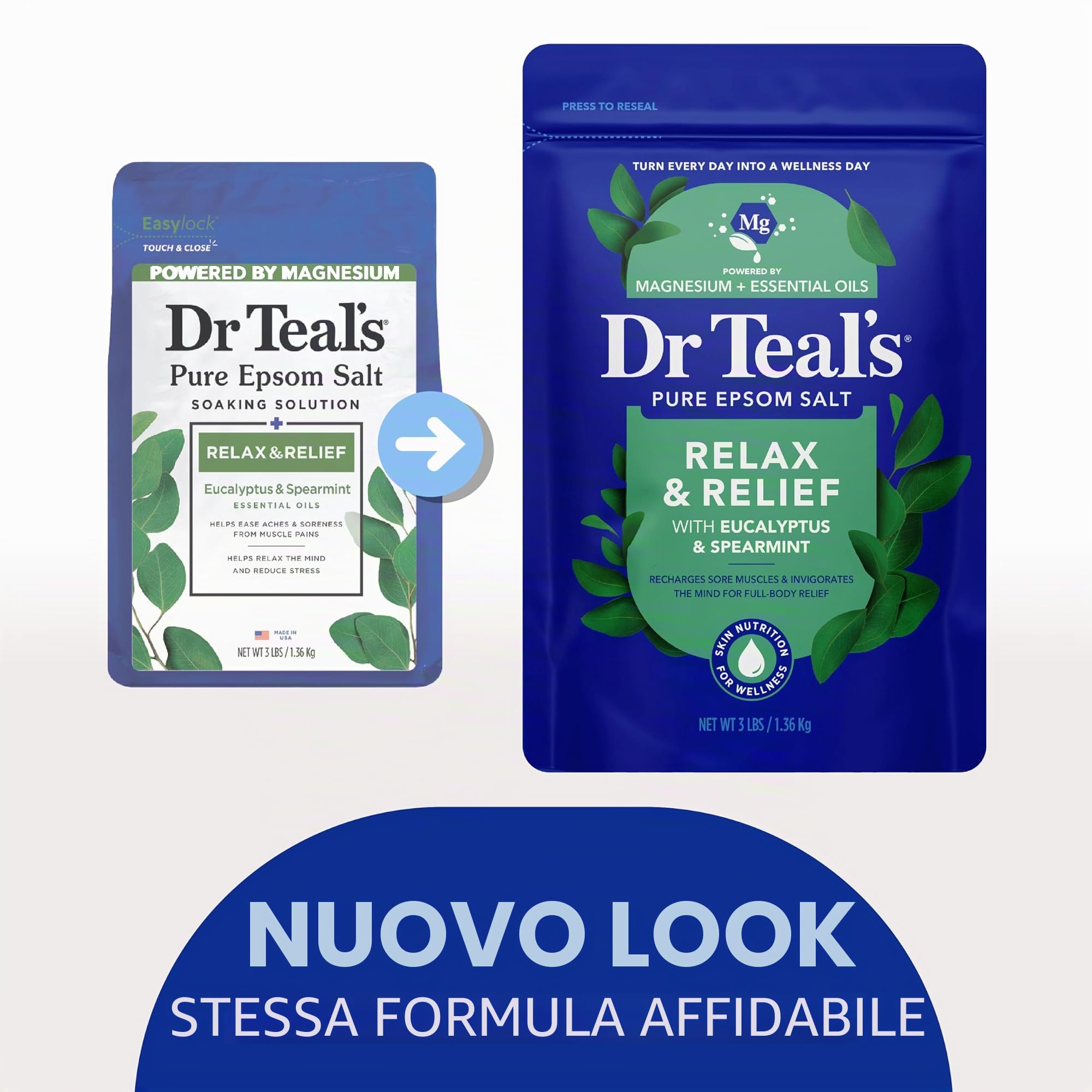 Dr Teal soluzione al sale di Epson puro, per rilassarsi e trarre sollievo, agli aromi di eucalipto e menta verde, 1,36 kg