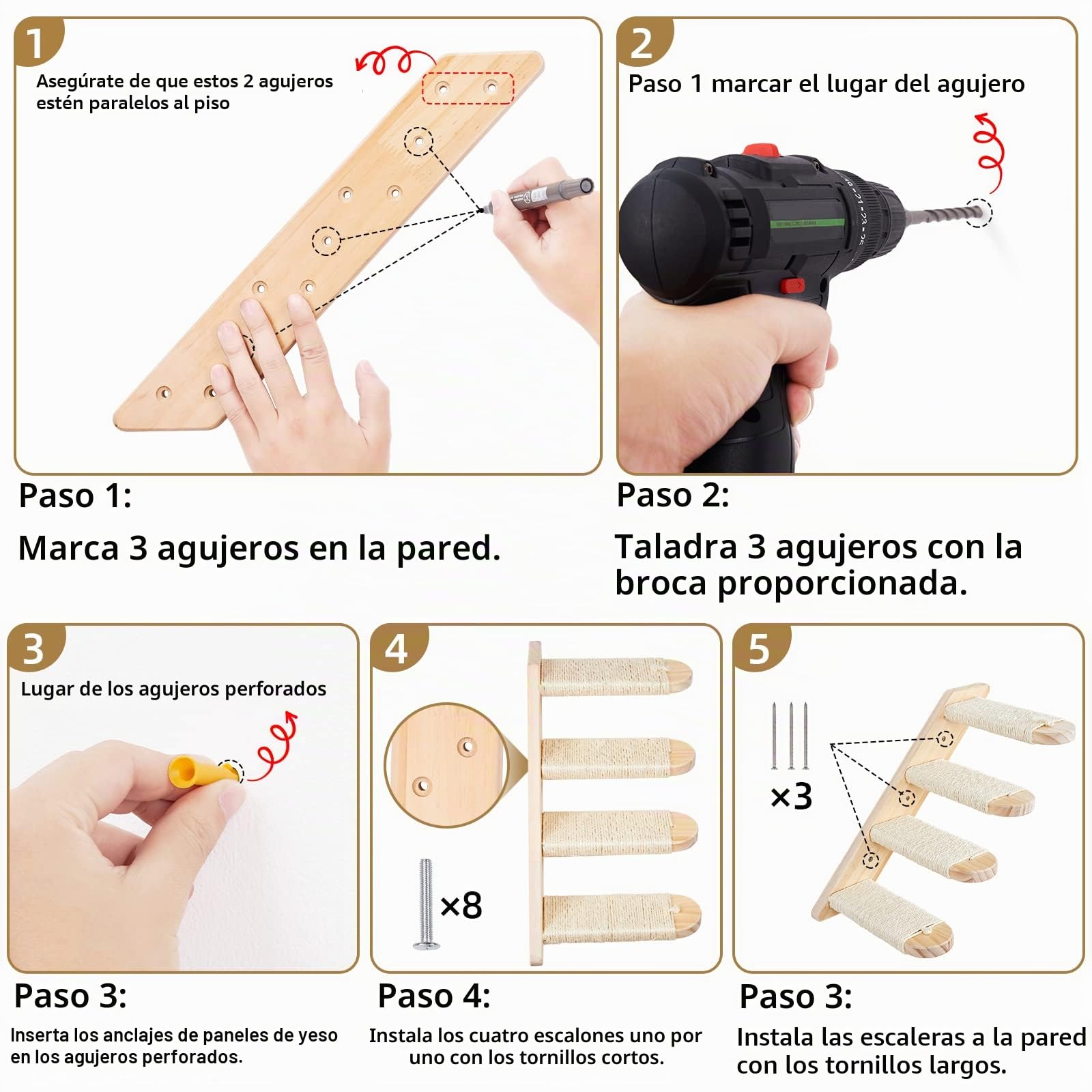 Arbol para Gatos Pared, Escalera de Madera Cuerda Sisal para Trepadores | DaizySight Escalera para Gatos Estantes para Escalada, 4 Escalon Accesorios de Gimnasio Gatos Montadas en la Pared de Madera