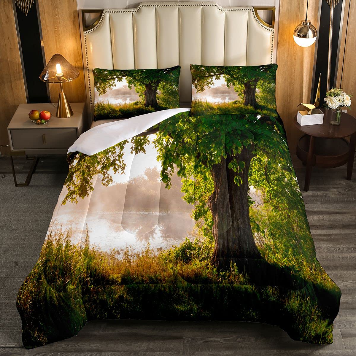 Tree Soft Duvet Tree Leafage In Mystical Landscape Foggy Scenery Stream View Bedding Set Kids Girls Boys Brown Green Room 3Pcs Double Size — image 1