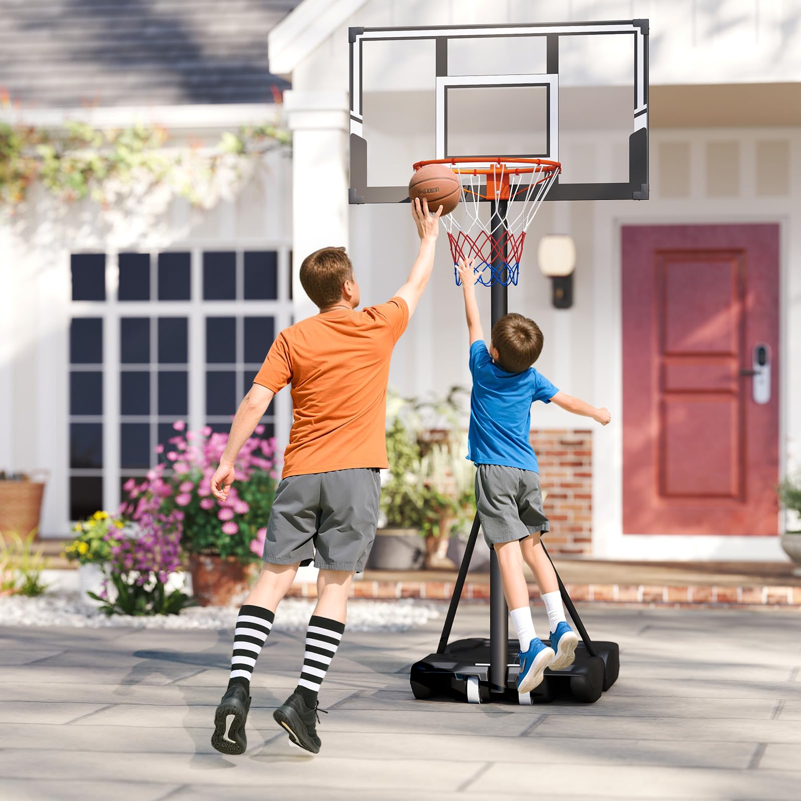 GYMAX Panier de Basket Mobile Portable pour Enfants Adultes, 18 Hauteurs Réglables 100-305cm, Utilisation Intérieure et Extérieure, Base Remplissable d'eau ou de Sable, Panneau Incassable
