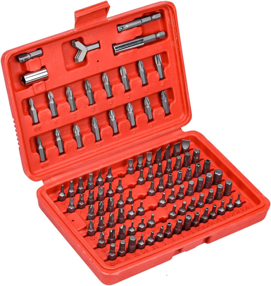 Serplex® 100Pcs Screwdriver Bit Kit Cr-V Steel 1/4-inch Adapters Phillips Slotted Hex Torx Star Tamperproof Pozi Square Spanner Torque Tri-Wing Clutch Spline Wing Nut, Security Torx Bit Set