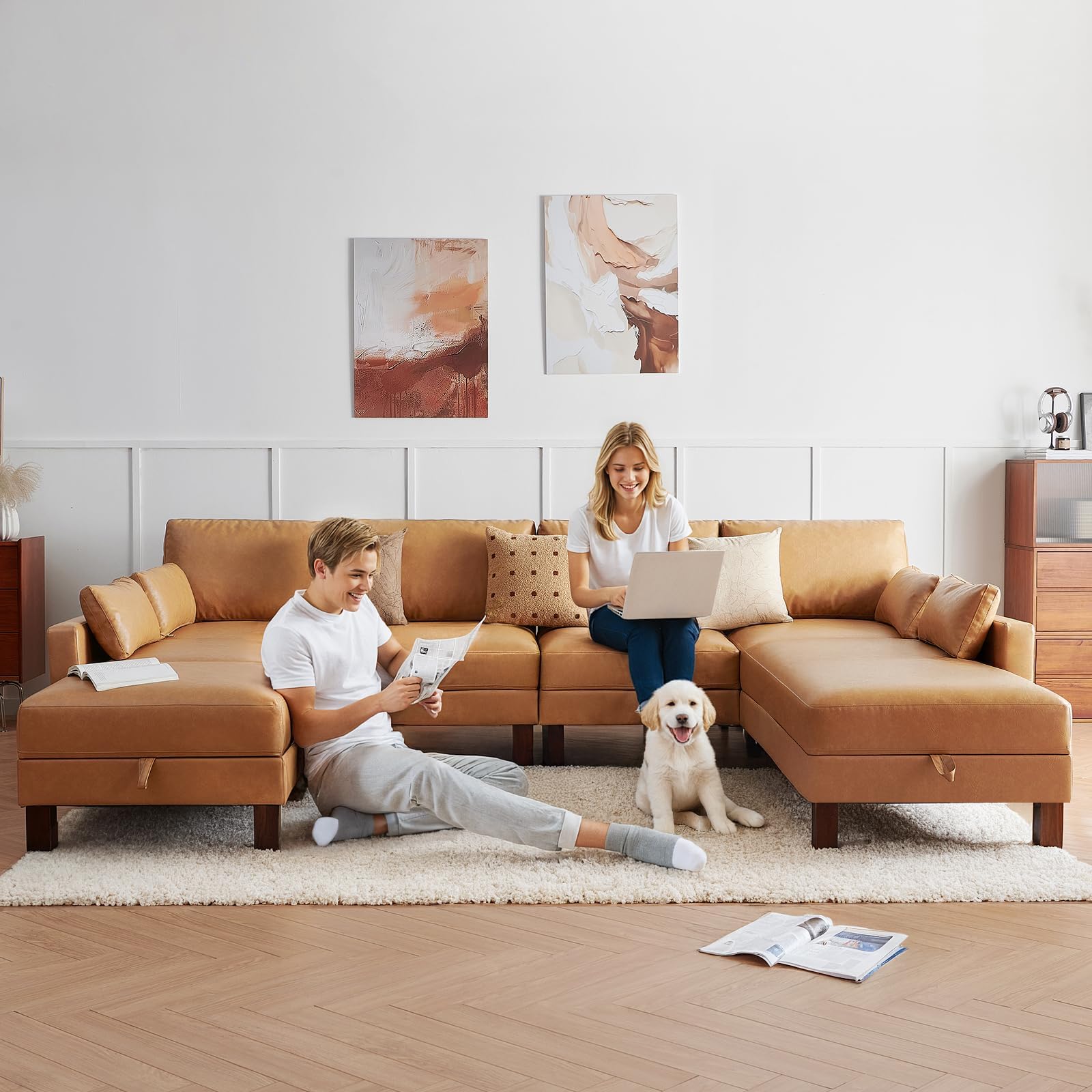 128'' Sleeper Couch, Large Sofa Bed with Storage, Faux Leather 8 Seater Sofa, Mid Century Modern Couch Sofa for Living Room, Guest Room, House, Apartment, Office, Loft, Tan