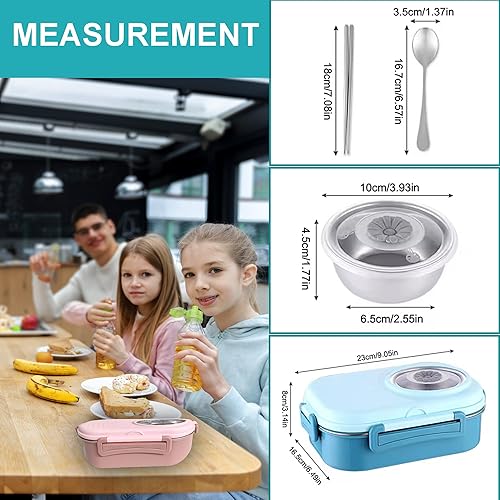 Miniatura 4 de Lonchera Bento para niños con bolsa, caja Bento de acero inoxidable a prueba de fugas para la escuela, 3 compartimentos, cuenco de sopa, cuchara y