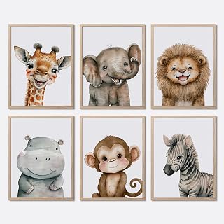 RERNIE Set Of 6 Wild Animal Wall Art Paintings Bohemian Style Kids Room Canvas Prints Giraffe Elephant Lion Hippo Monkey And Zebra For Cute Animal Posters For Baby Bedroom Gallery Wall DéCor Unframed