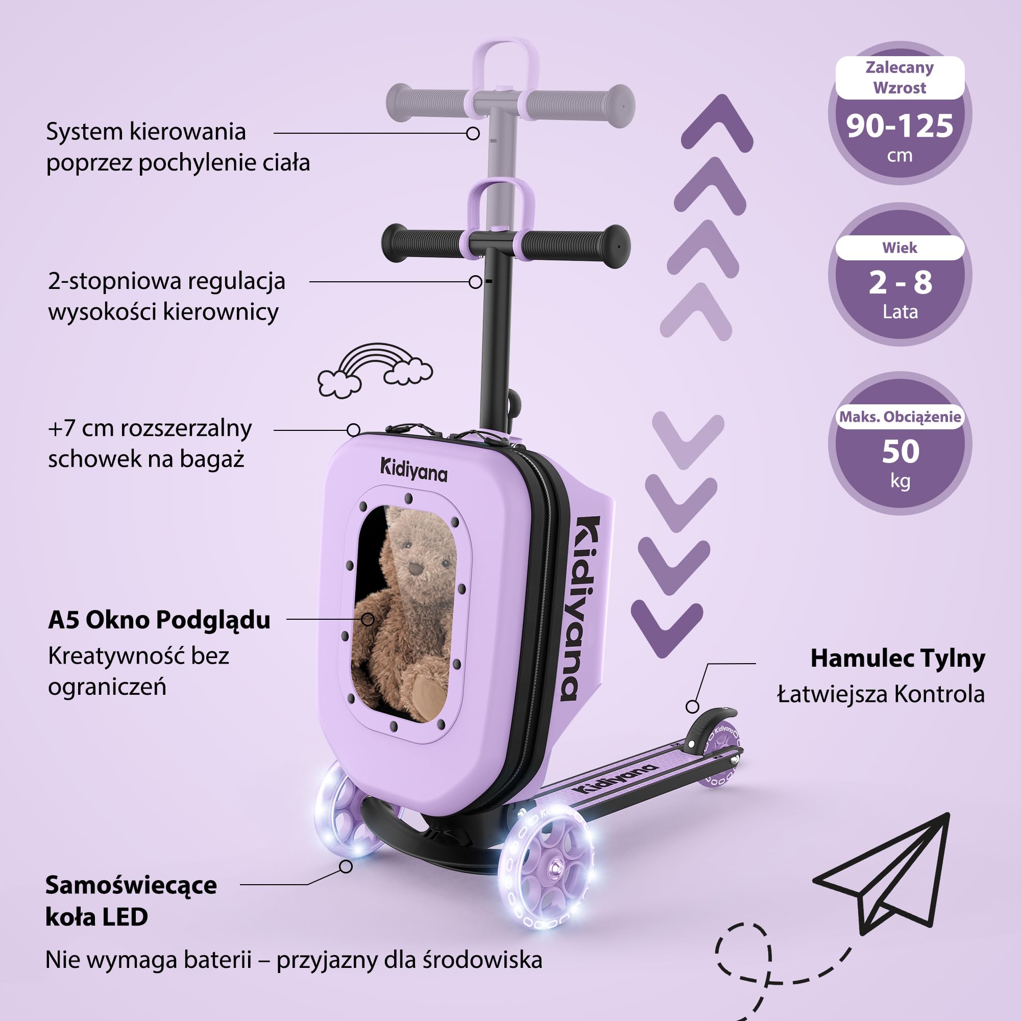 Hulajnoga dziecięca z walizką, walizka podręczna z hulajnogą, koła LED, regulowana wysokość kierownicy, okienko A5, powiększenie schowka 7 cm, prezent dla malucha 2–8 lat, do 50 kg