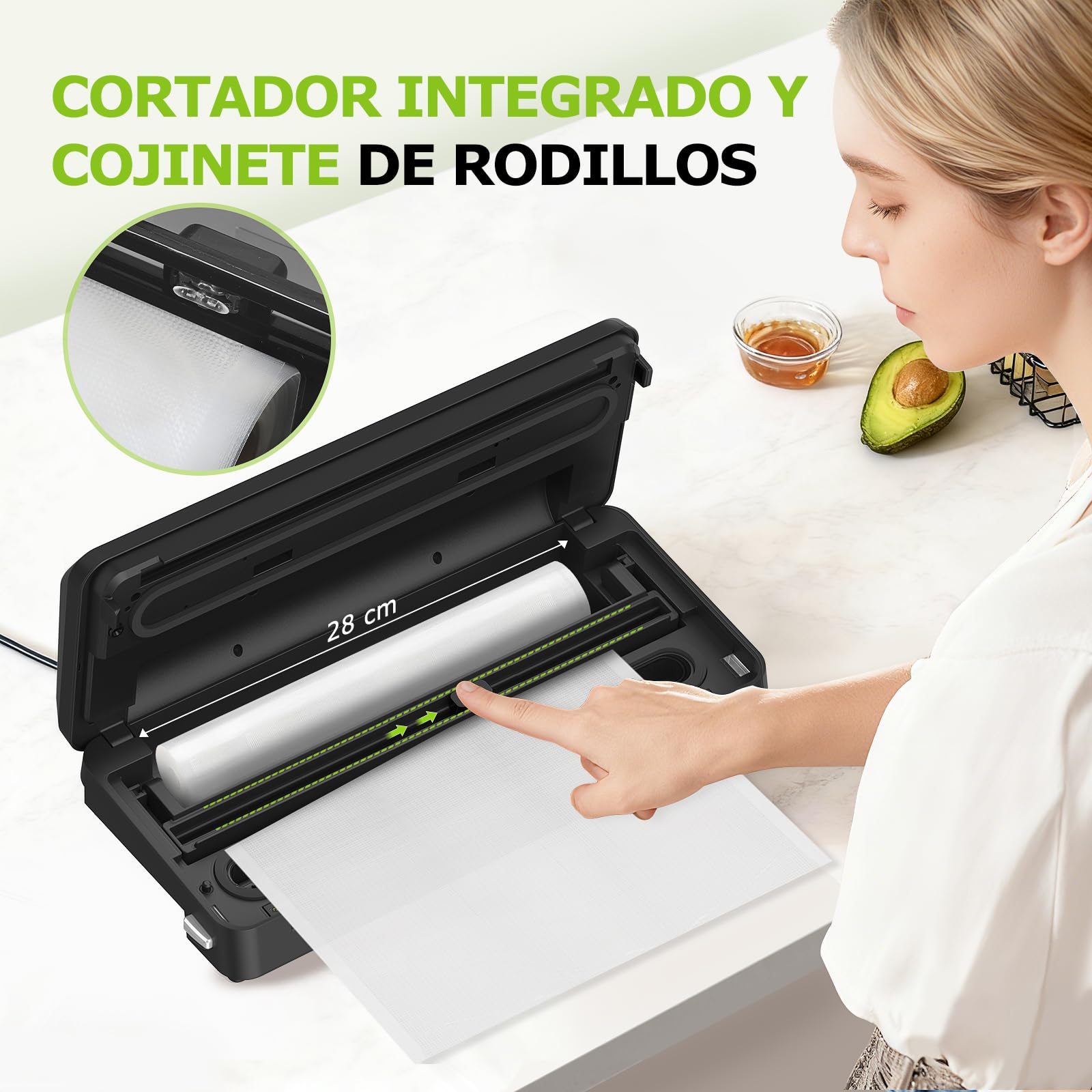 Bonsenkitchen Envasadora al Vacio 125W, Cortador Integrado, VS3019 | 4 Modos de Funcionamiento, Barra de Sellado Ensanchada, Cortador Integrado, 1 Rollo de Bolsas, 5 Bolsas al Vacío