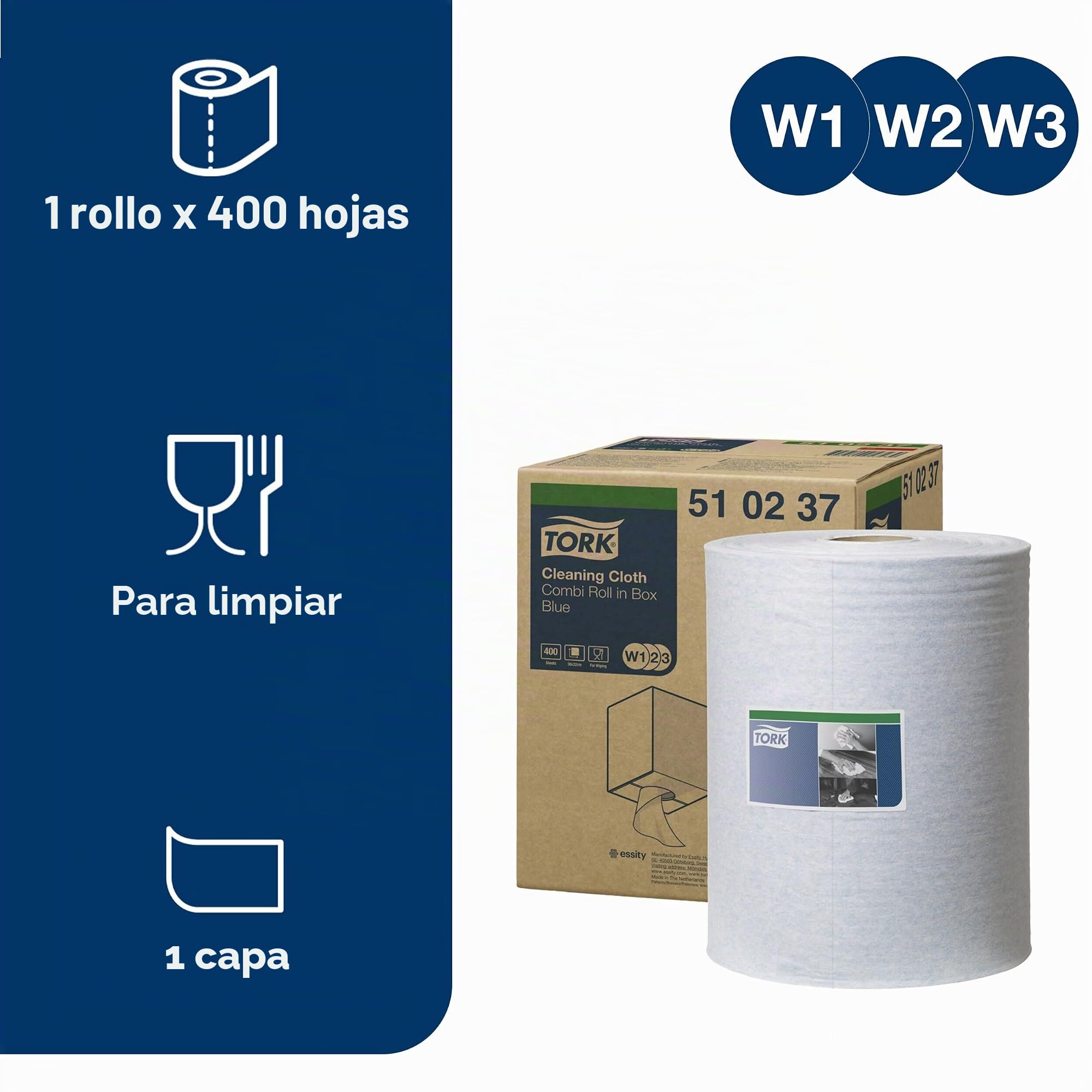Tork 510237 Paño de limpieza Premium / 1 capa/Papel multiuso compatible con los sistemas W1, W2 y W3 / 1 bobina x 152 m de largo/color azul