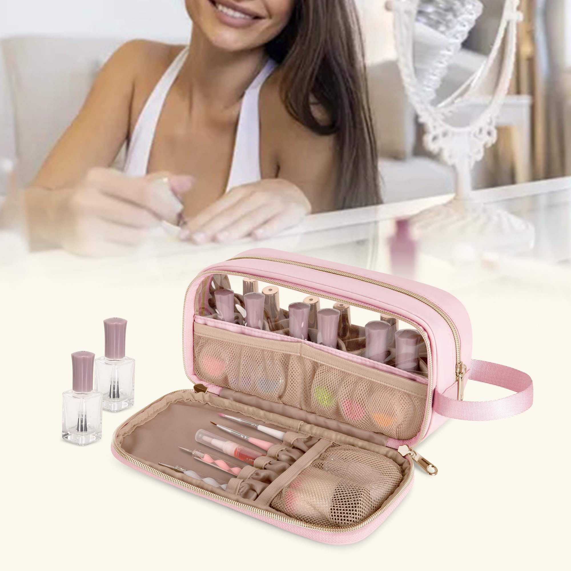 Custodia Organizer per Smalti, Capacità 12 Flaconi (15 ml), Rosa | Scomparto Organizer per Strumenti, Finestra Trasparente, Ampia Maniglia