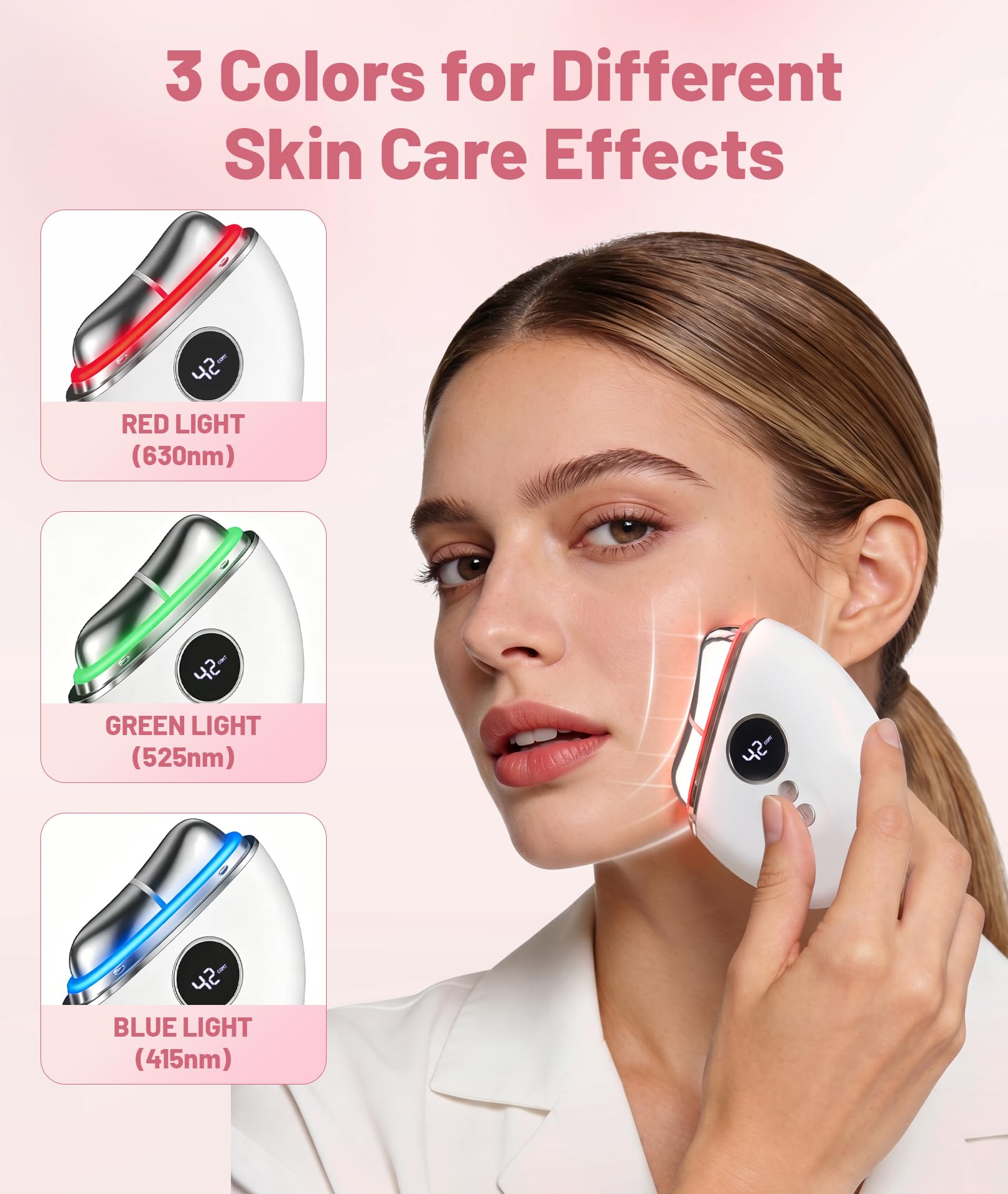 4-in-1 Red Light Therapy for Face and Neck, Gua Sha Facial Tool with Heat & Vibration, Face Massager Tool for Puffiness, Smoothing, Firming, Gifts for Women & Men (White)
