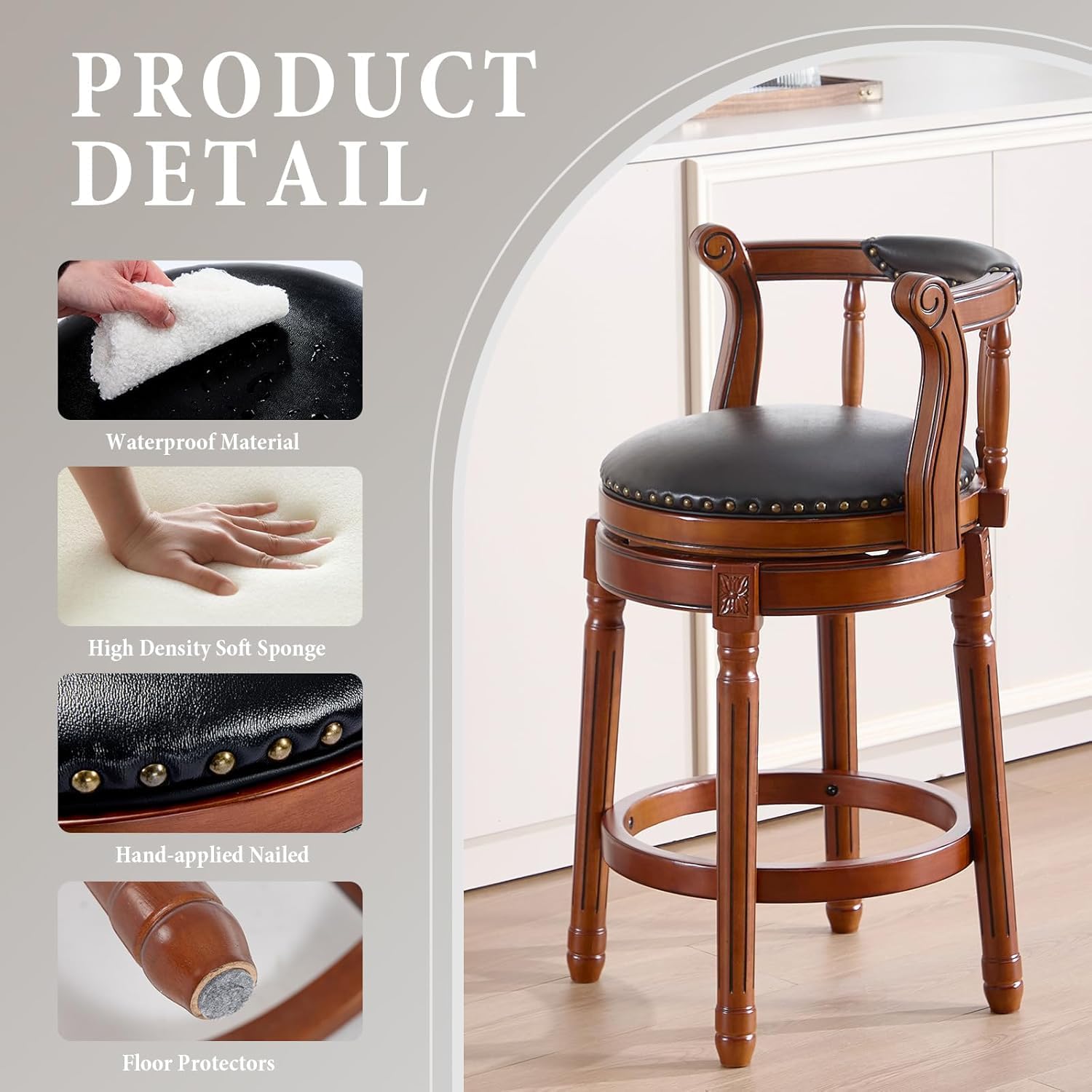 Cow top Leather Wooden Bar Stools, 360 Degree Swivel Bar Height Chair with Backs for Home Kitchen Counter, Morden Chair Barstools (Black, Bar Height-Seat Height 29.5”)