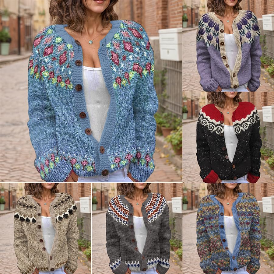 TIAFORD Women's Fair Isle Cardigan Sweaters Button Down Crewneck Knit Icelandic Casual Loose Fall Winter Sweater Jackets3