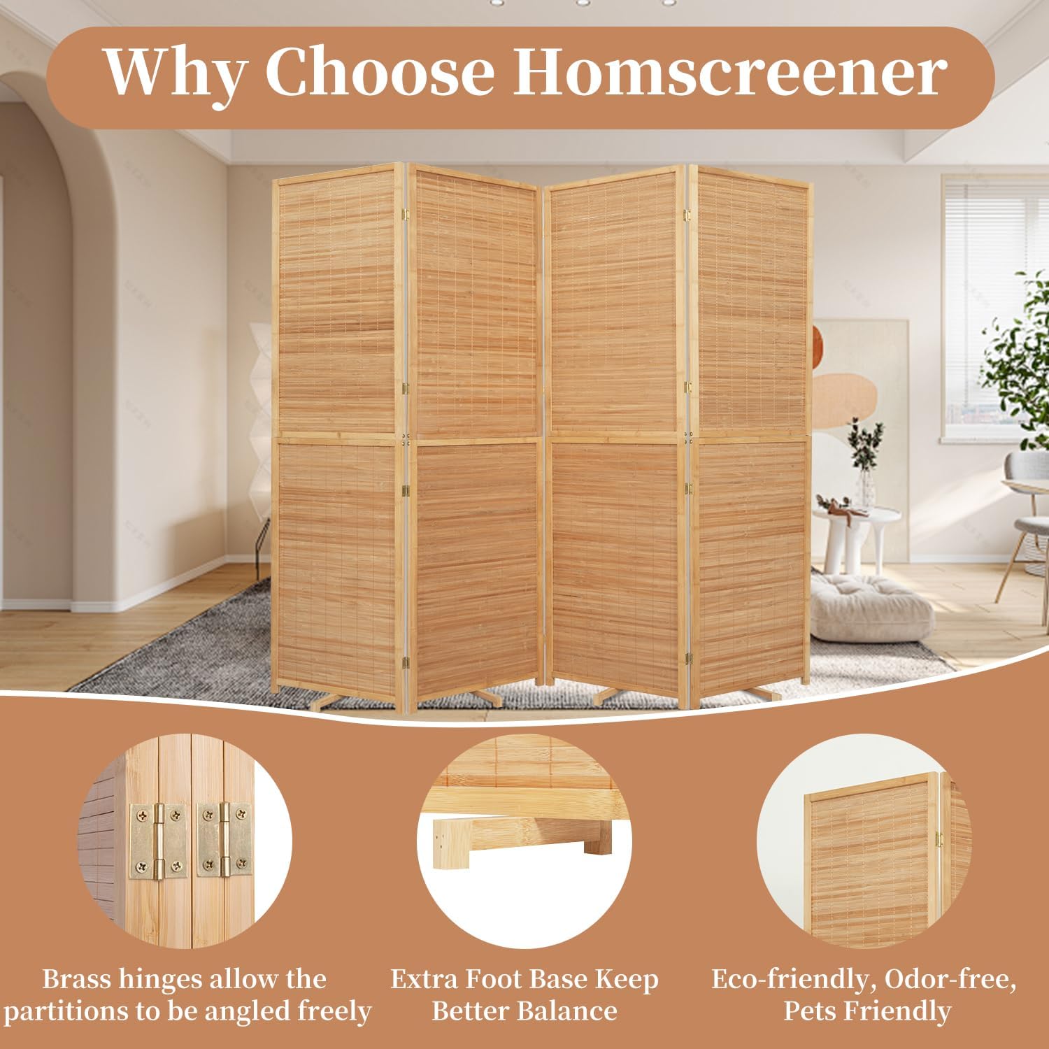 Room Divider Folding Privacy Screens, Hand-Made 67'' High Bamboo Room Dividers Freestanding 2-in-1 Multifunction 4 Panel Wall Divider for Room Separation, Portable Room Partitions and Dividers