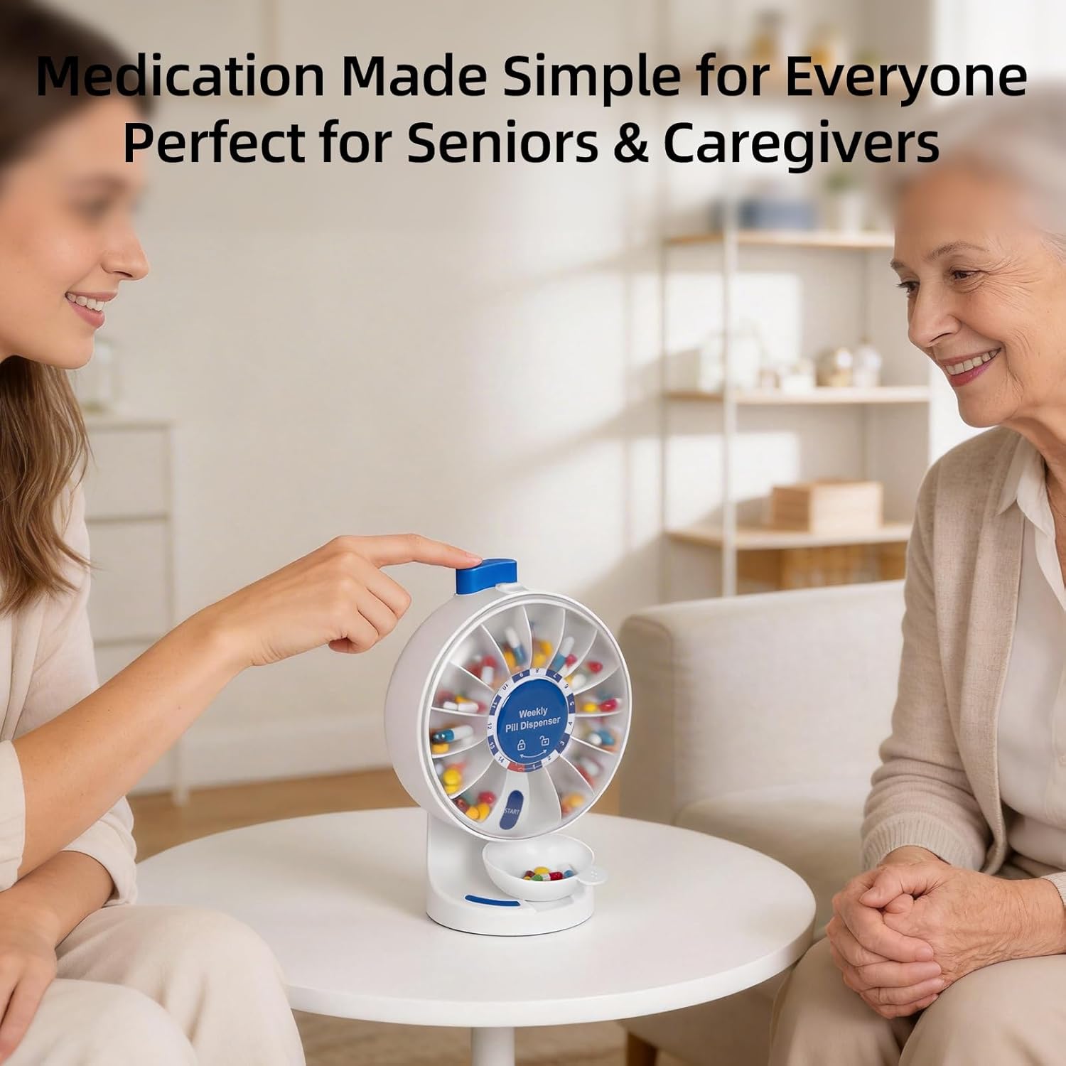 JULOS 14 Days Pill Organizer with Wall-Mounted or Standing Use for Elderly, Daily Large Pill Box with Easy Press Button, Pill Organizer for Medicine, Vitamin or Supplements, Blue