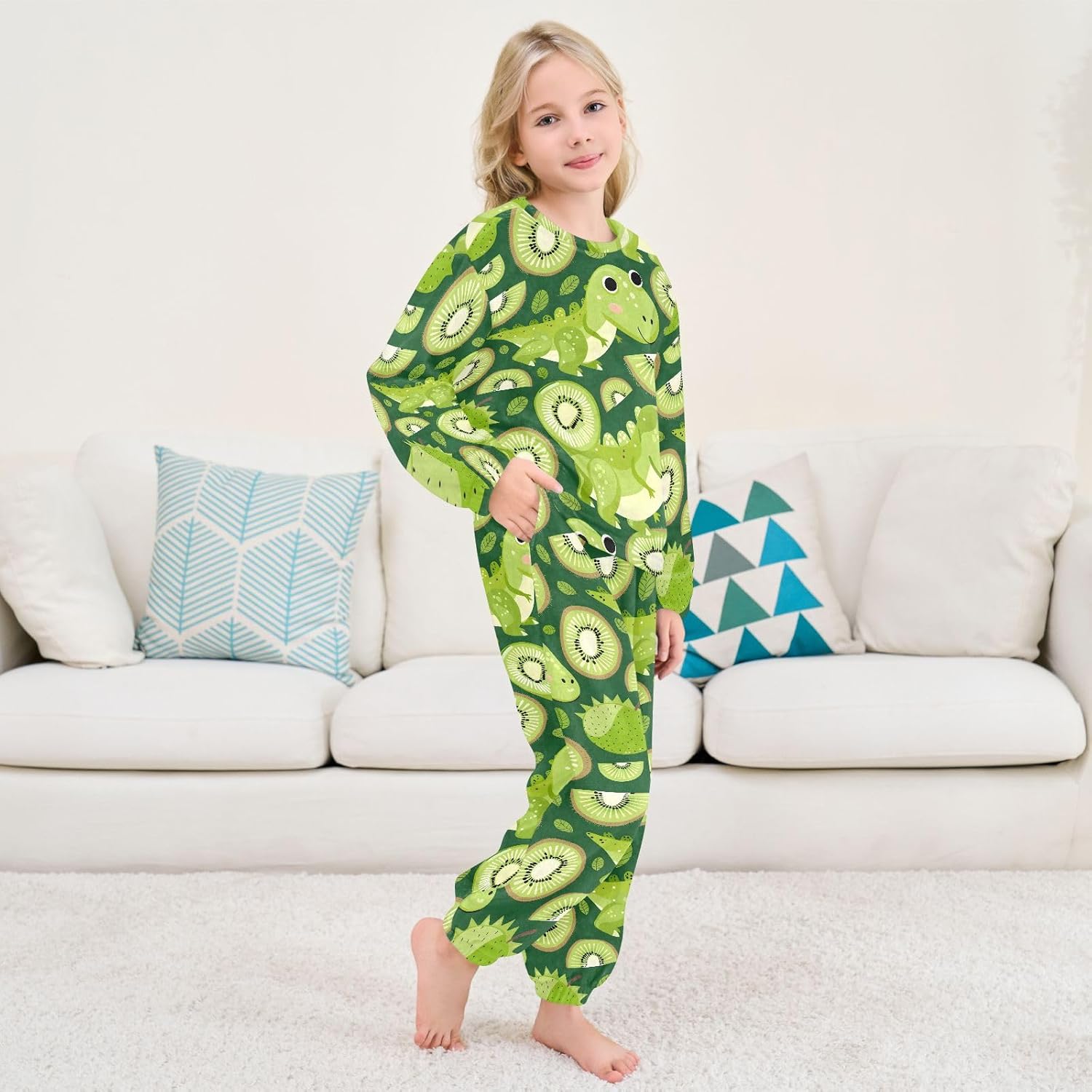Kids Flannel Sets Dinosaur Kiwi Fruit Cartoon Hand Drawn Style Warm Plush Relaxed Clothing for Boys and Girls