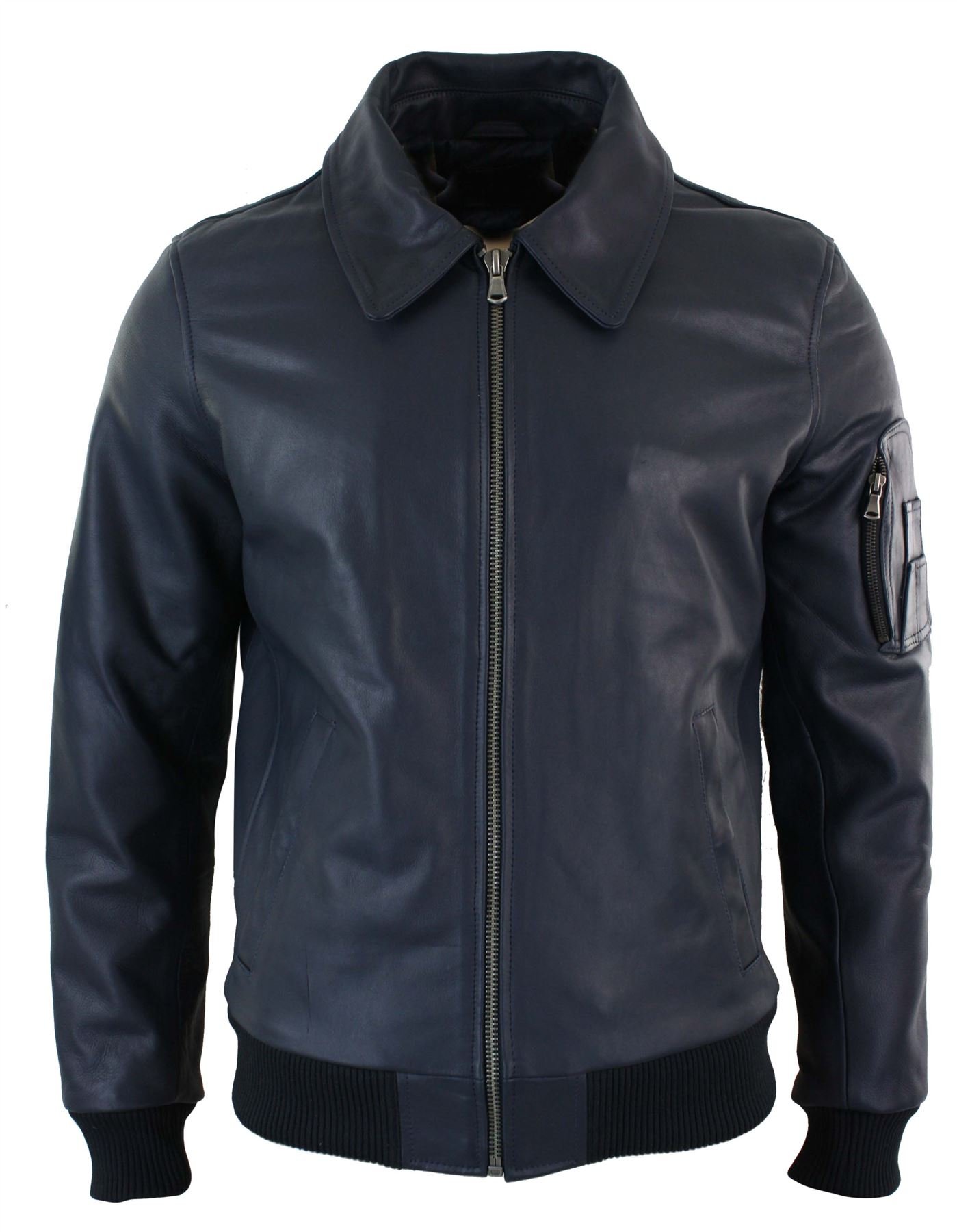Infinity Leather Men's Navy Genuine Real Leather Harrington Bomber Ma1 Classic Pilot Mod Jacket