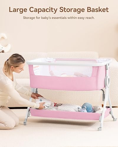 Miniatura 8 de Larex Cuna para bebé, cuna para bebé con cesta de almacenamiento y ruedas, cuna portátil ajustable en altura para recién nacido, fácil de montar y