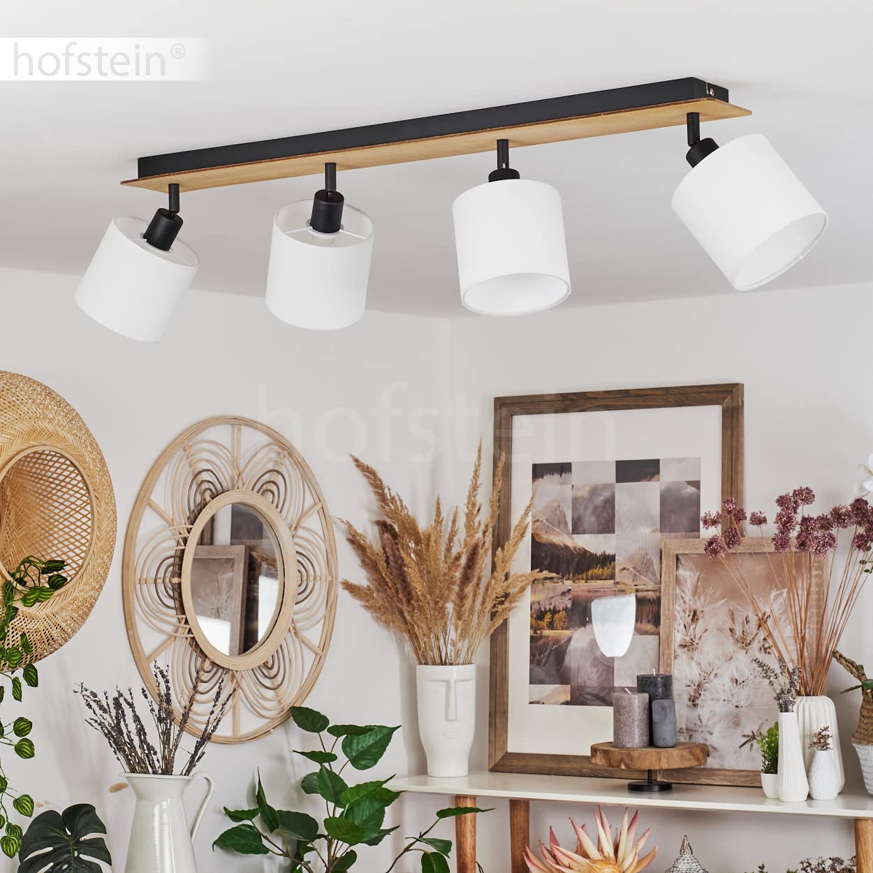 Plafonnier Alsen, plafonnier moderne en bois/métal/tissu naturel/noir/blanc, luminaire au design scandinave avec abat-jour orientable, 4 flammes, 4 x E14, sans ampoules