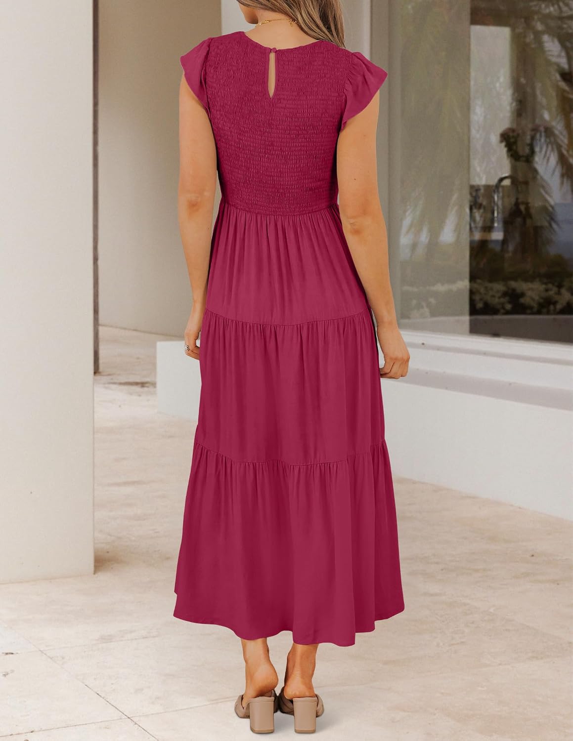 ZESICA Women's 2026 Summer Casual Flutter Short Sleeve Crew Neck Smocked Elastic Waist Tiered Midi Dress thumbnail