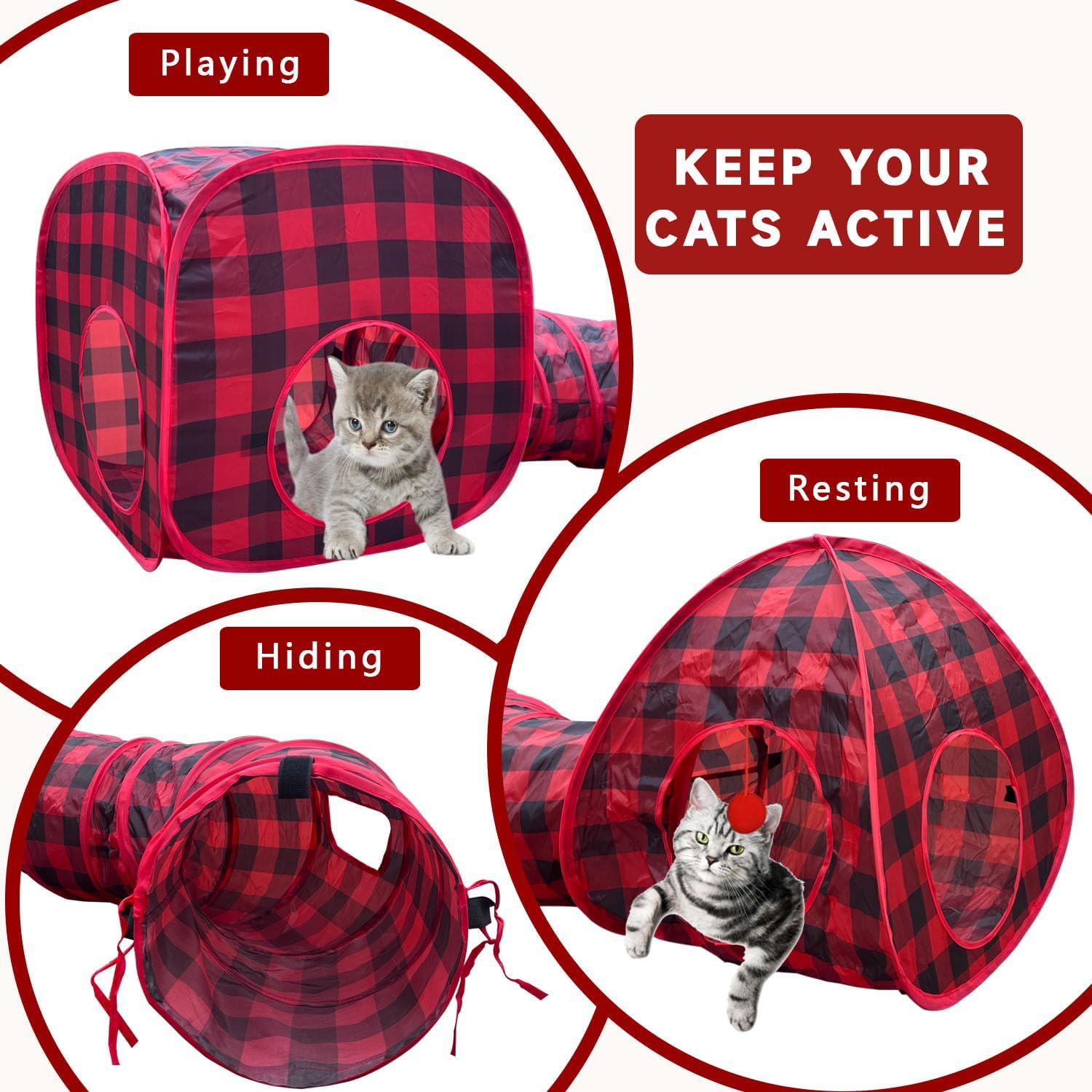 Cat Tunnels for Indoor Cats with Cube Tent Toys Combo, Interactive Collapsible Tent for Hiding Hunting and Resting, Pet Tube with Toy Bell for Kitten, Rabbit, Puppy, Ferret - Set of 3