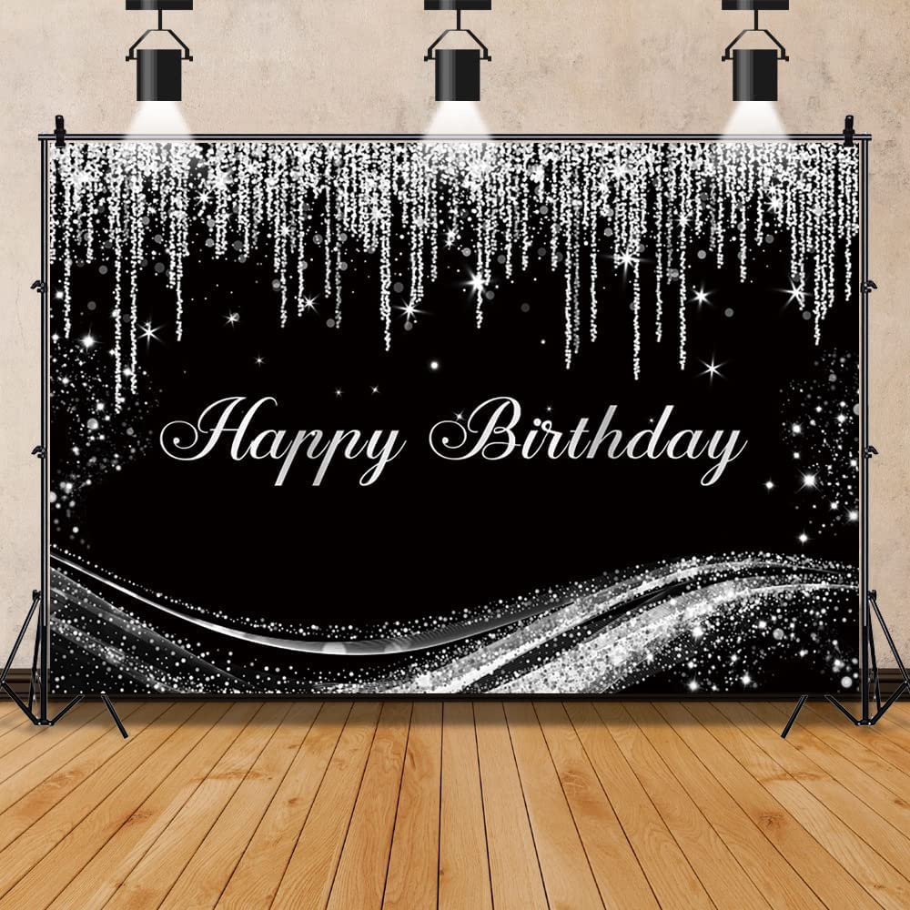 Renaiss 8x6ft Silver Birthday Backdrop for Photoshoot Man Woman Portrait Gray Floating Glitters Luxury Graceful Black Photography Background Happy