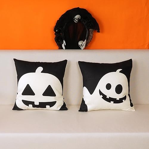 Miniatura 2 de ONWAY Juego de 2 fundas de almohada decorativas de Halloween de 16 x 16 pulgadas, diseño de calabaza fantasma, para otoño, casa de campo, patio,